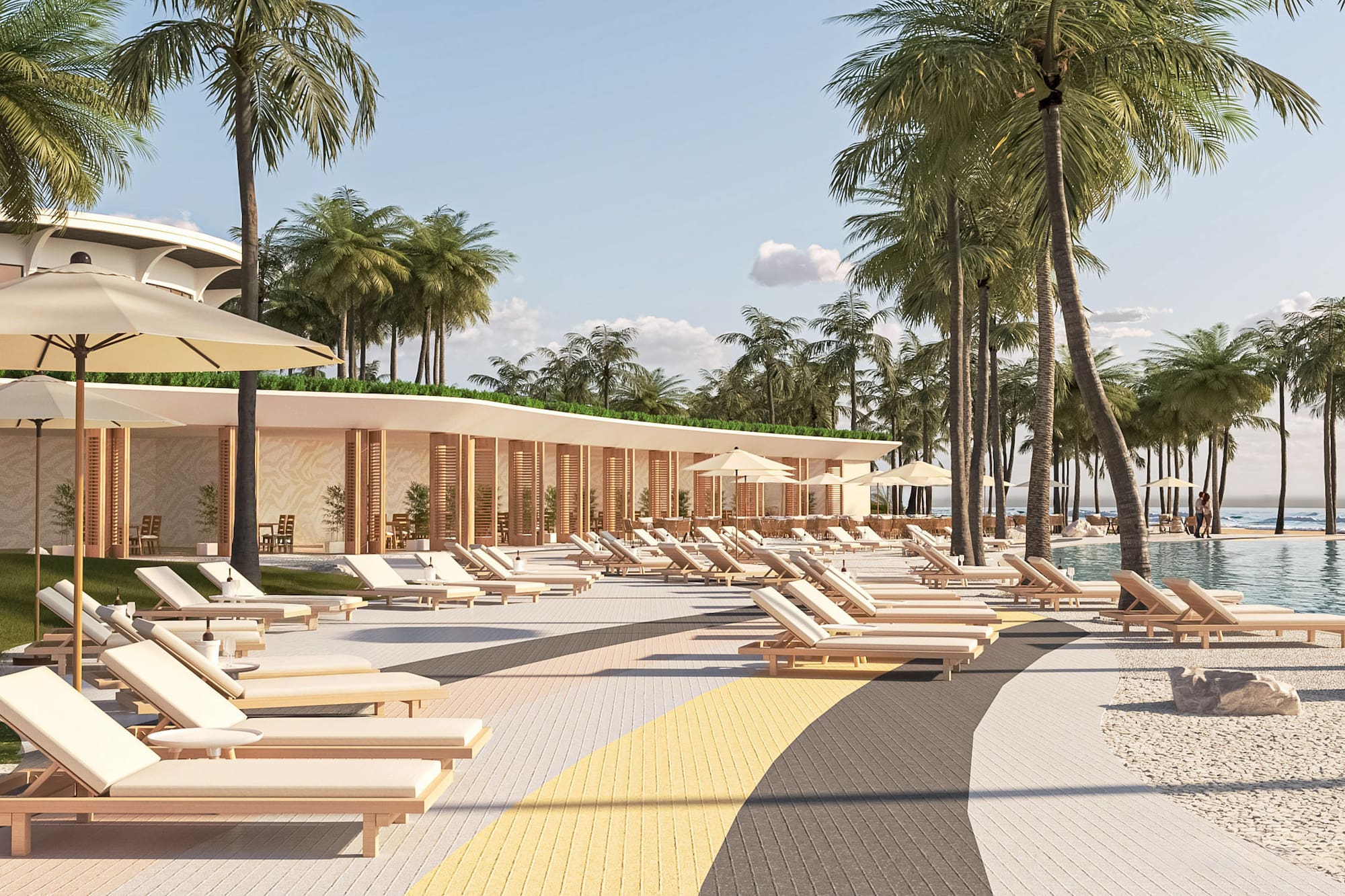 a pool with lounge chairs and palm trees