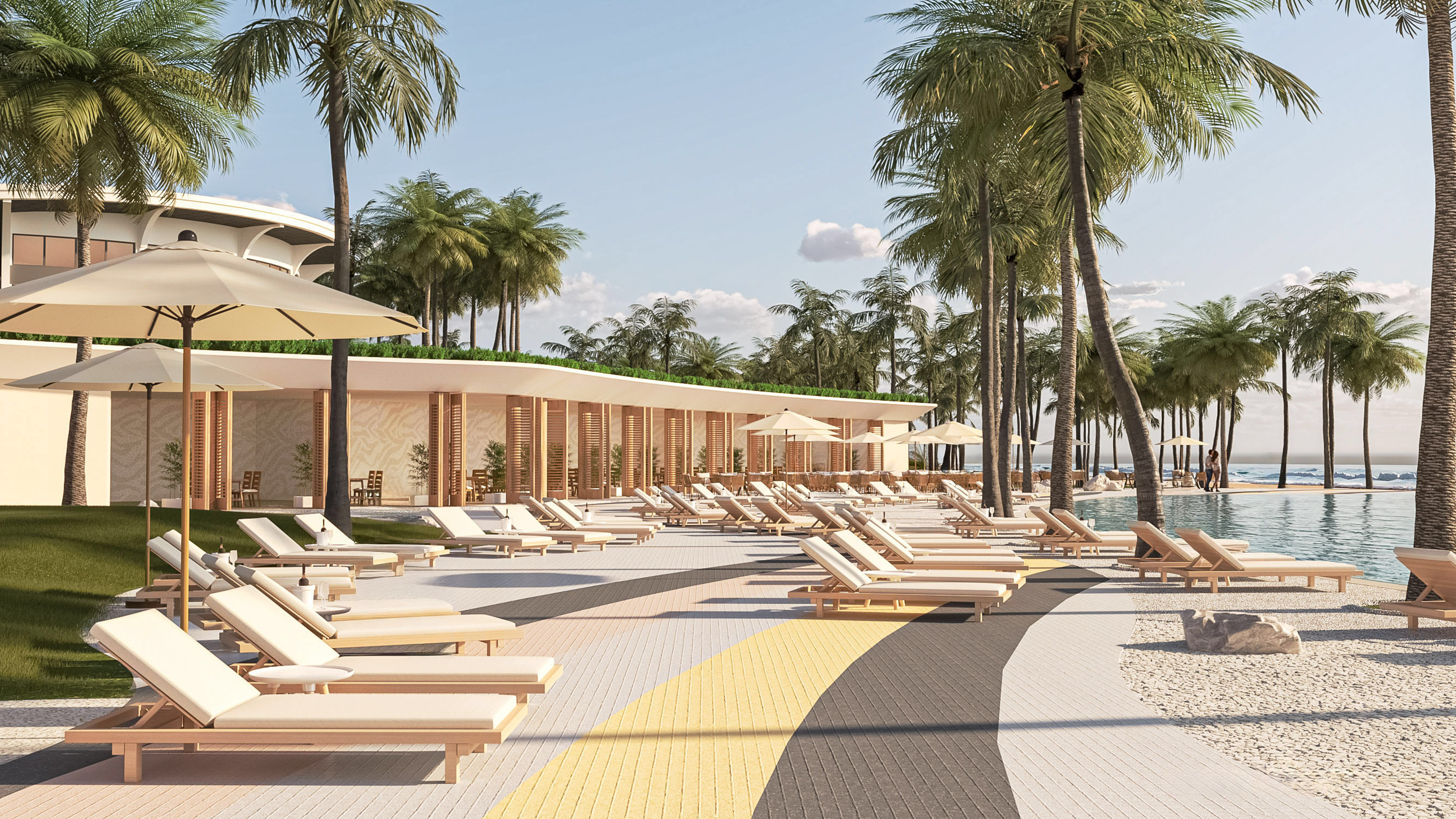 a pool with lounge chairs and palm trees