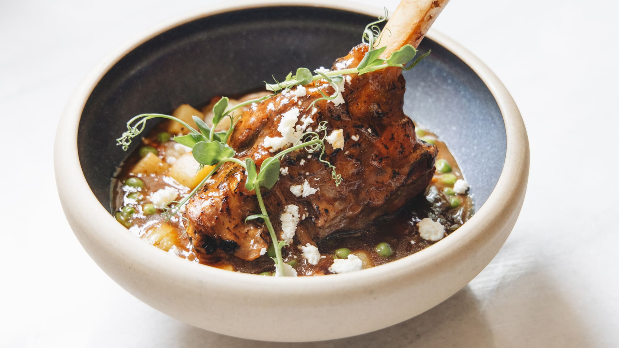 a bowl of food with a bone in it