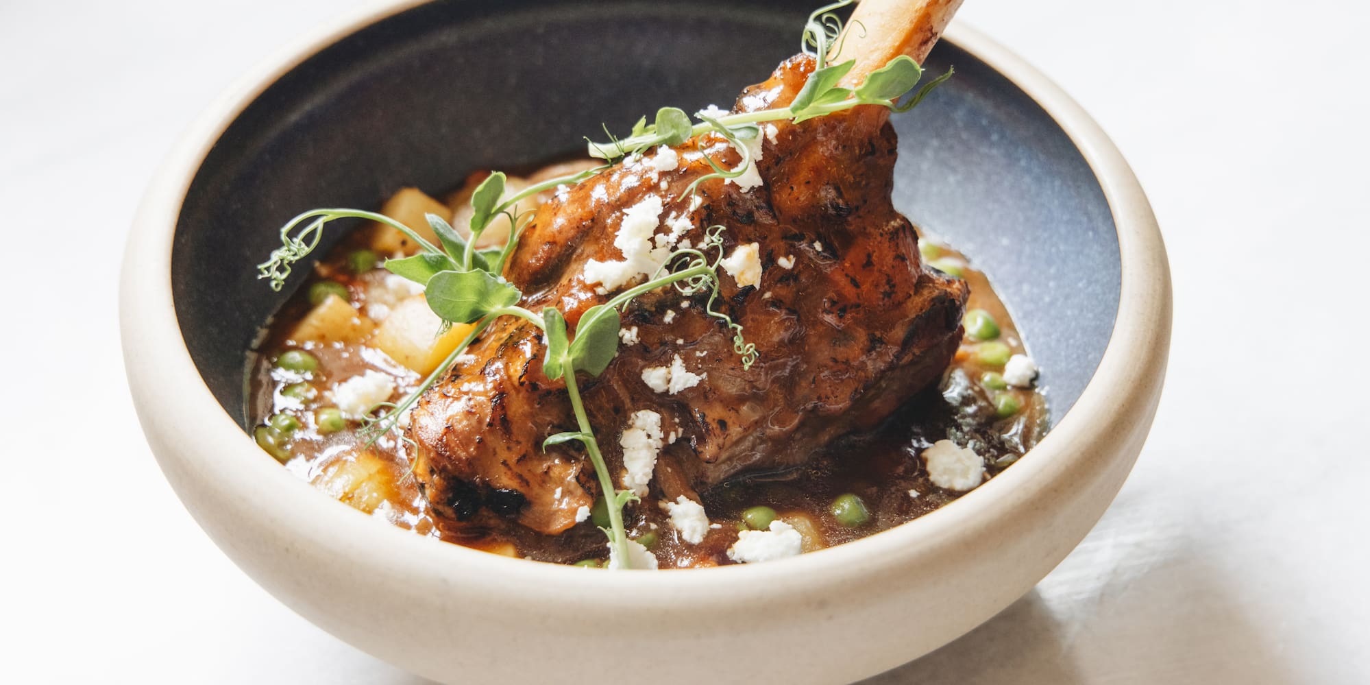 a bowl of food with a bone in it