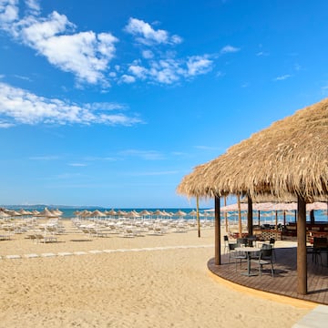 a beach with a thatched roof and chairs
