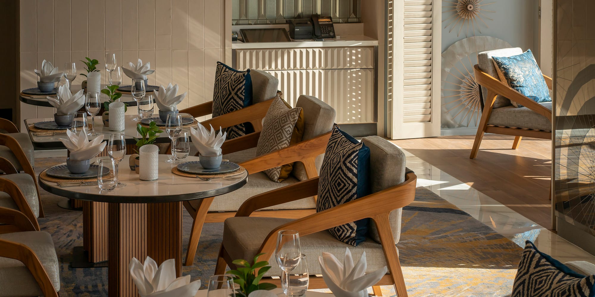 a room with tables and chairs