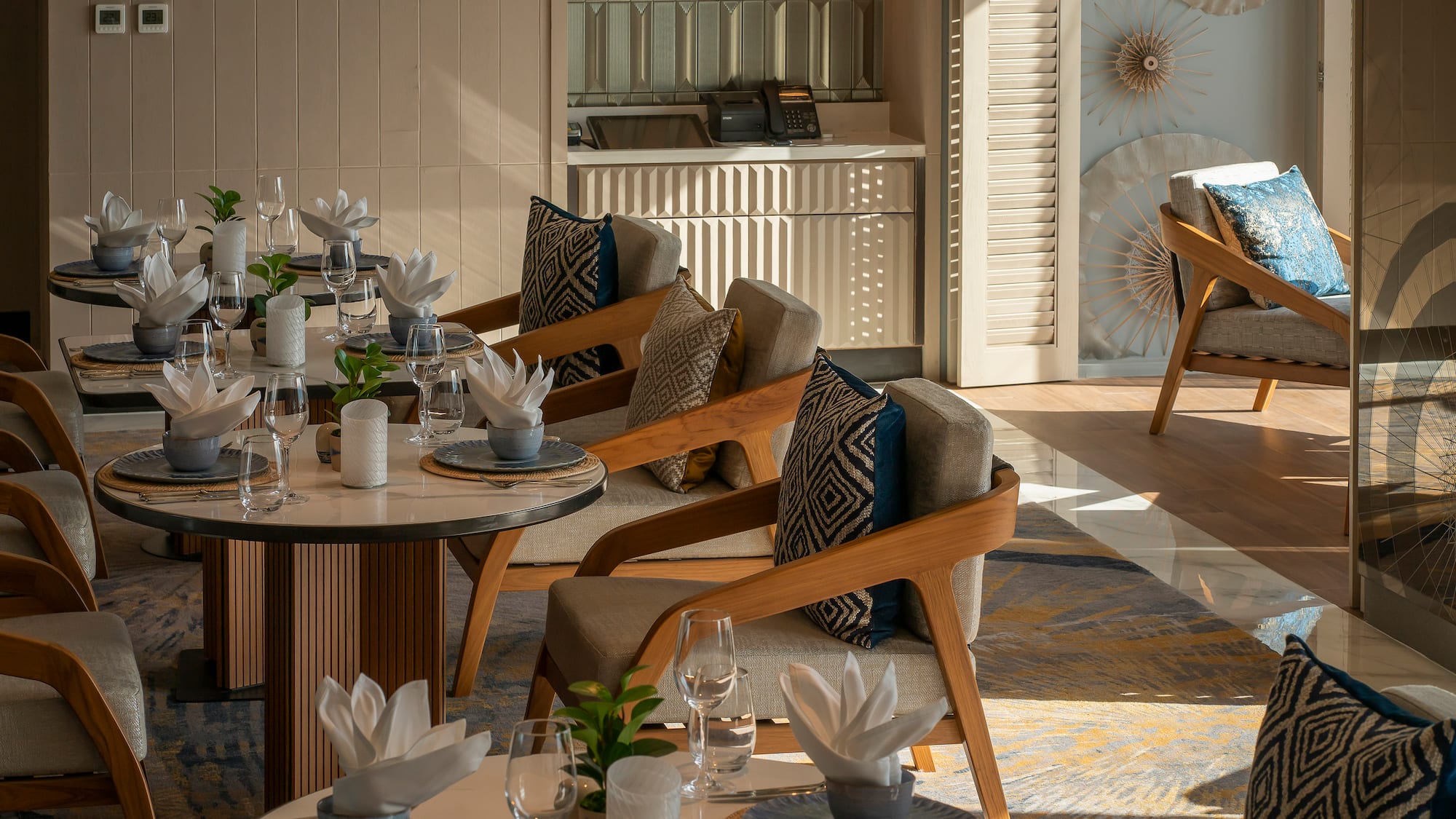 a room with tables and chairs