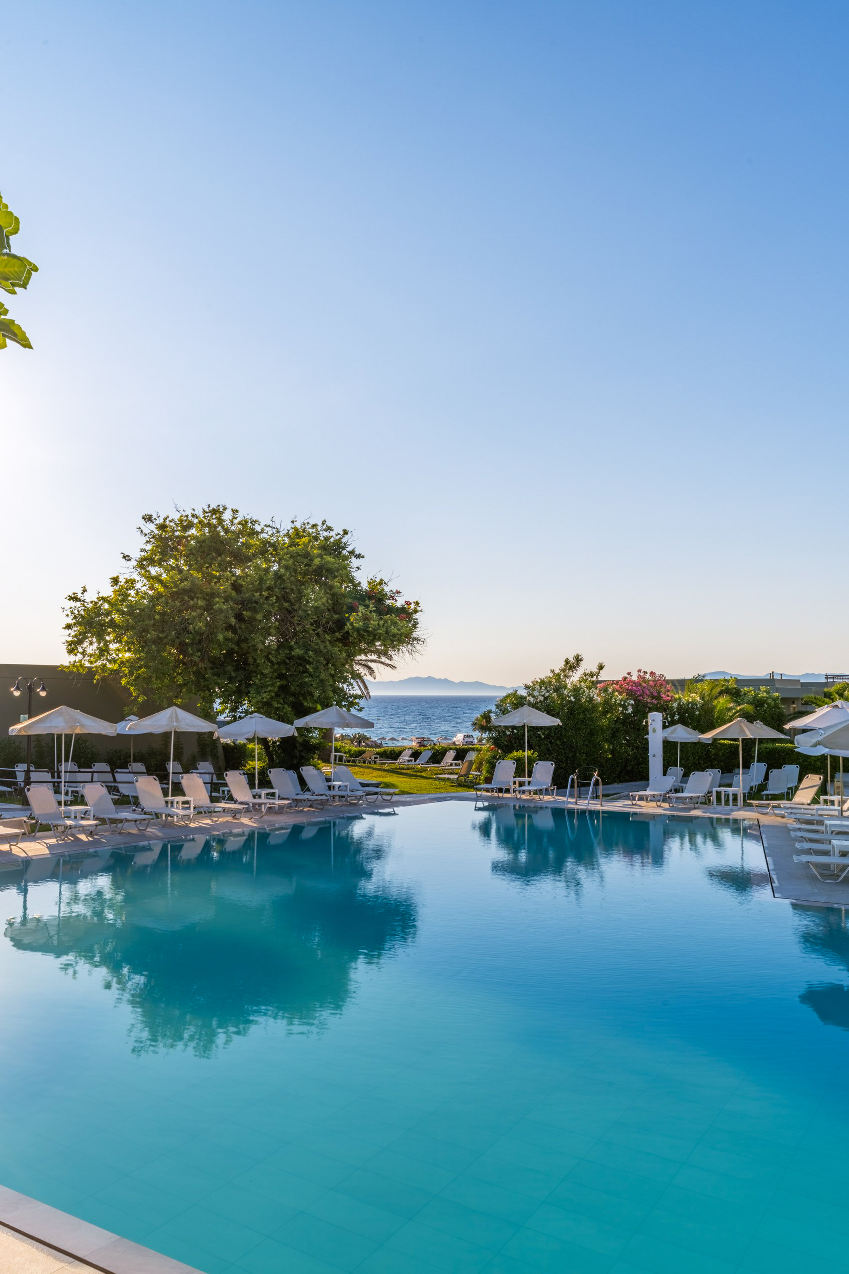 Resort swimming pool with sun loungers, ocean view, and clear blue sky.