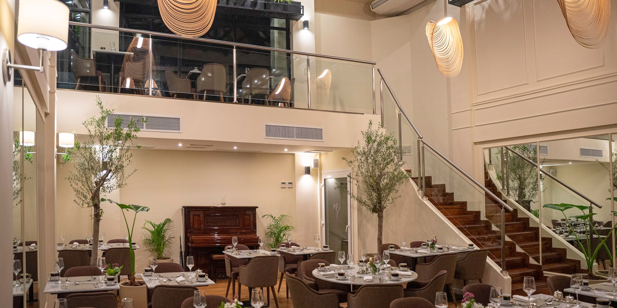 a room with tables and chairs