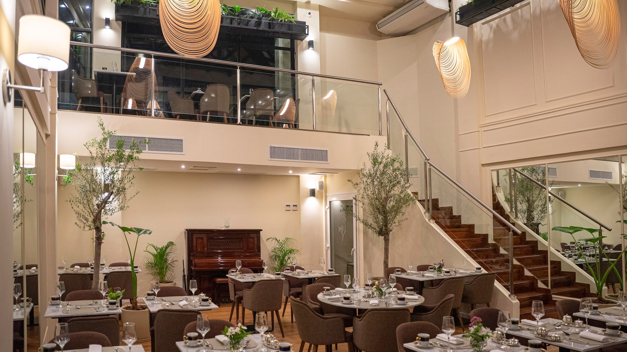 a room with tables and chairs