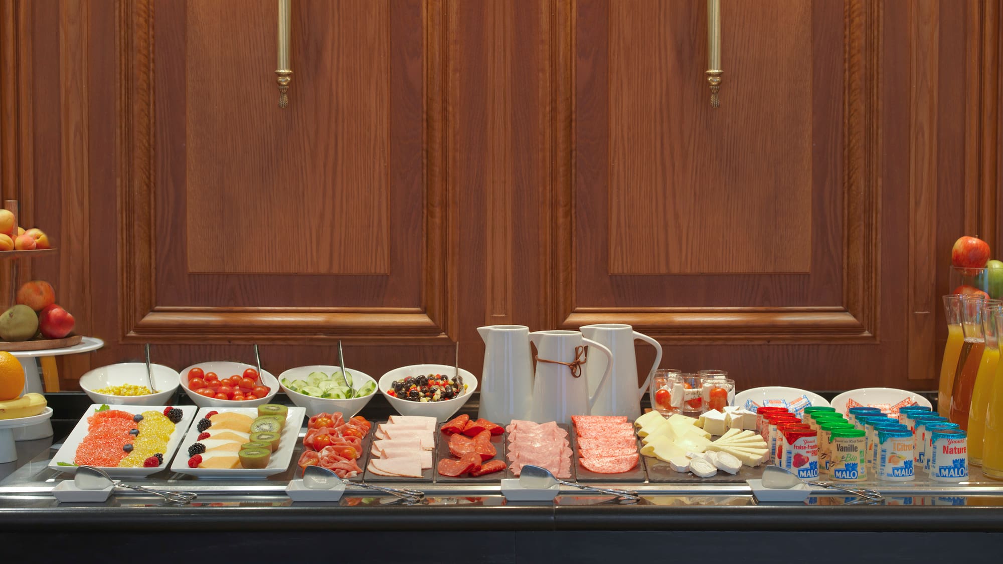 a buffet table with food on it