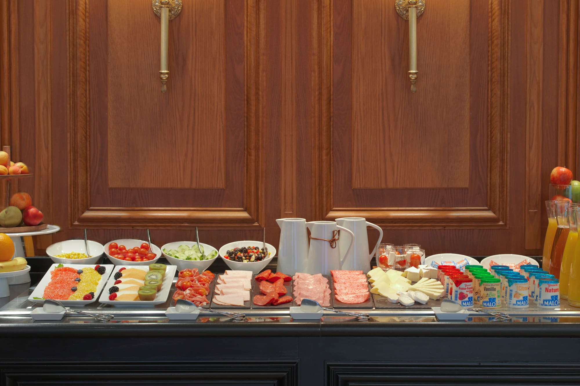 a buffet table with food on it