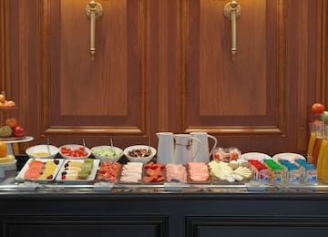 a buffet table with food on it