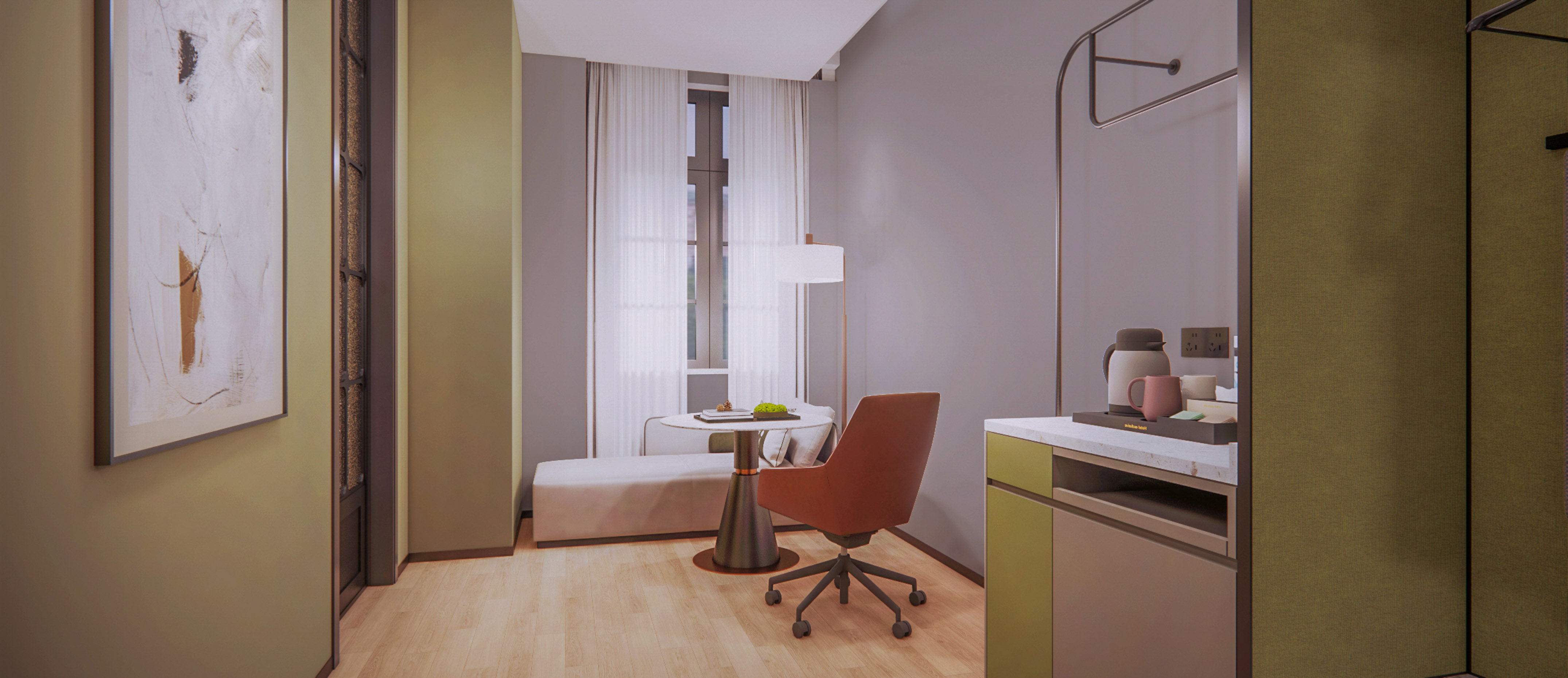 Contemporary hotel room with work desk, brown armchair, mini-bar, and window.