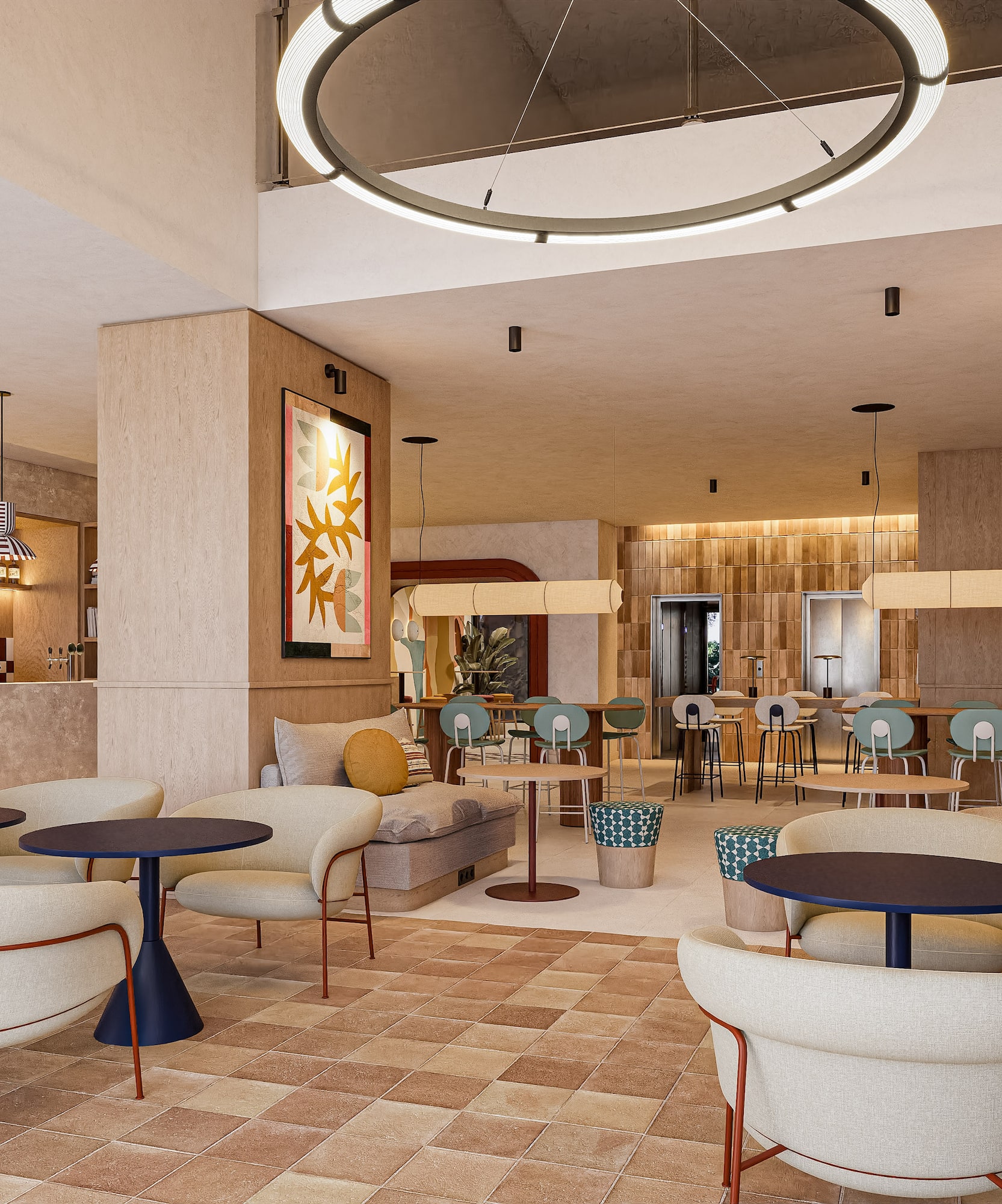 Lounge moderno de hotel con sillones cómodos, barra y arte vibrante.