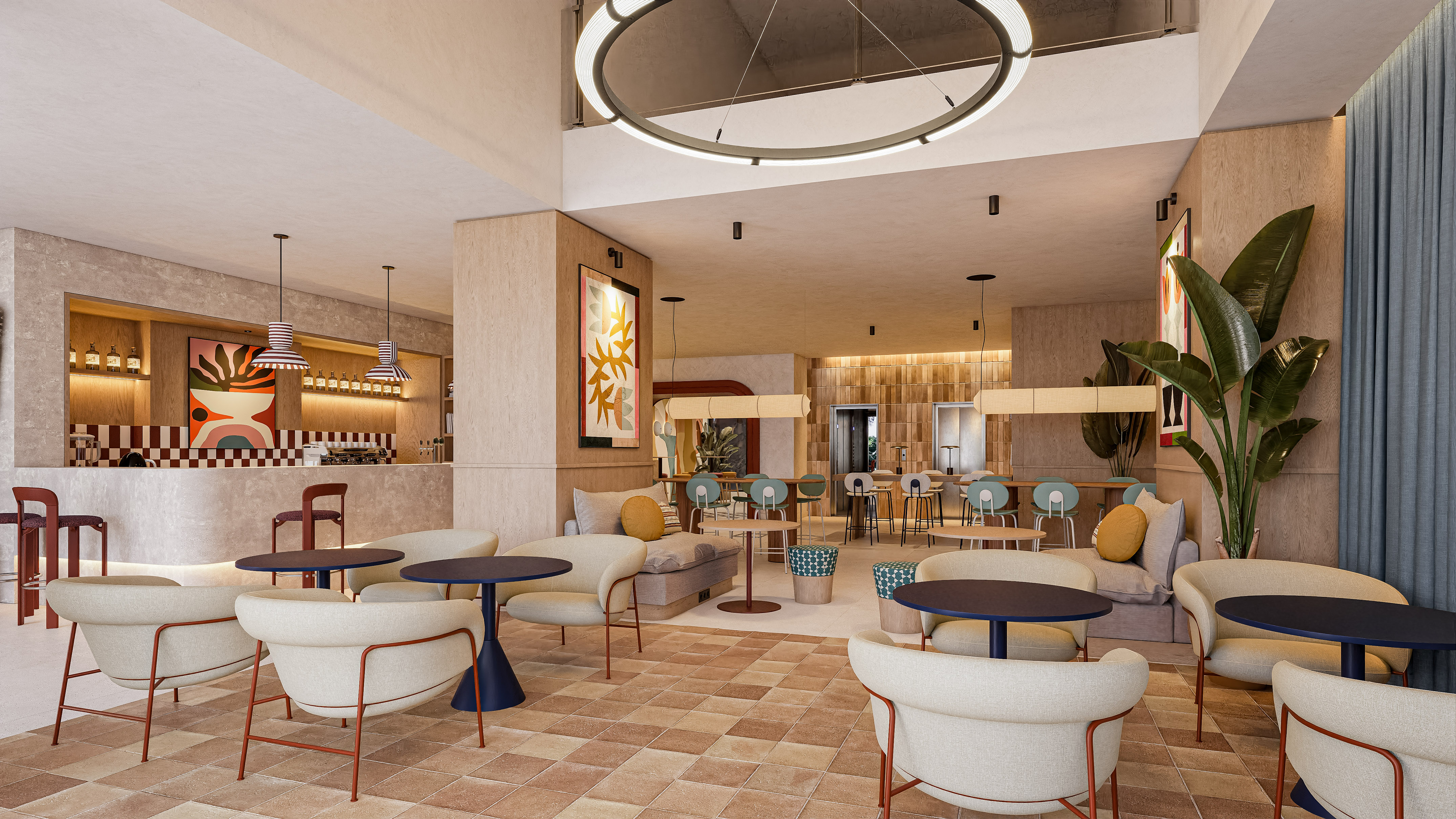 Lounge moderno de hotel con sillones cómodos, barra y arte vibrante.