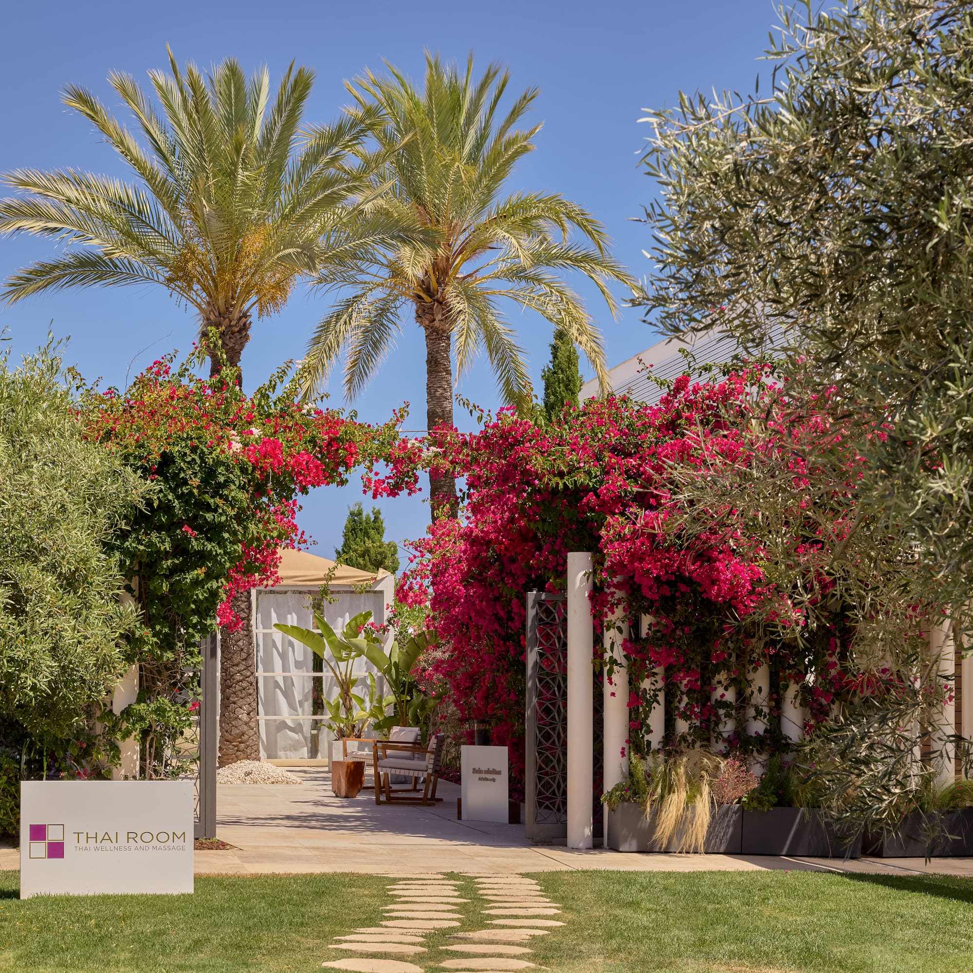 Thai Room wellness entrance: bougainvillea arch, palm trees, stone path.