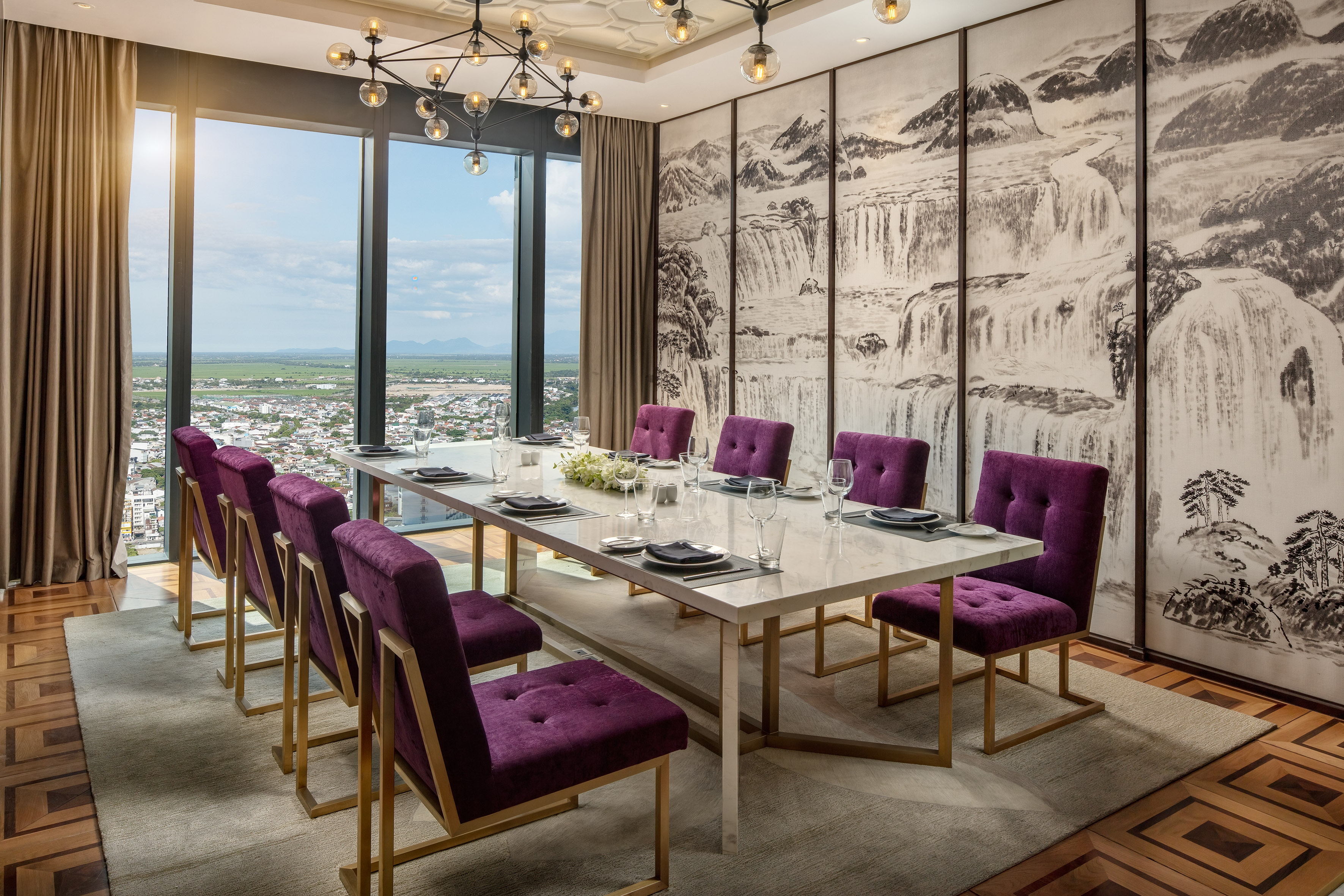 Modern dining room, city view, marble table, purple chairs, waterfall mural.