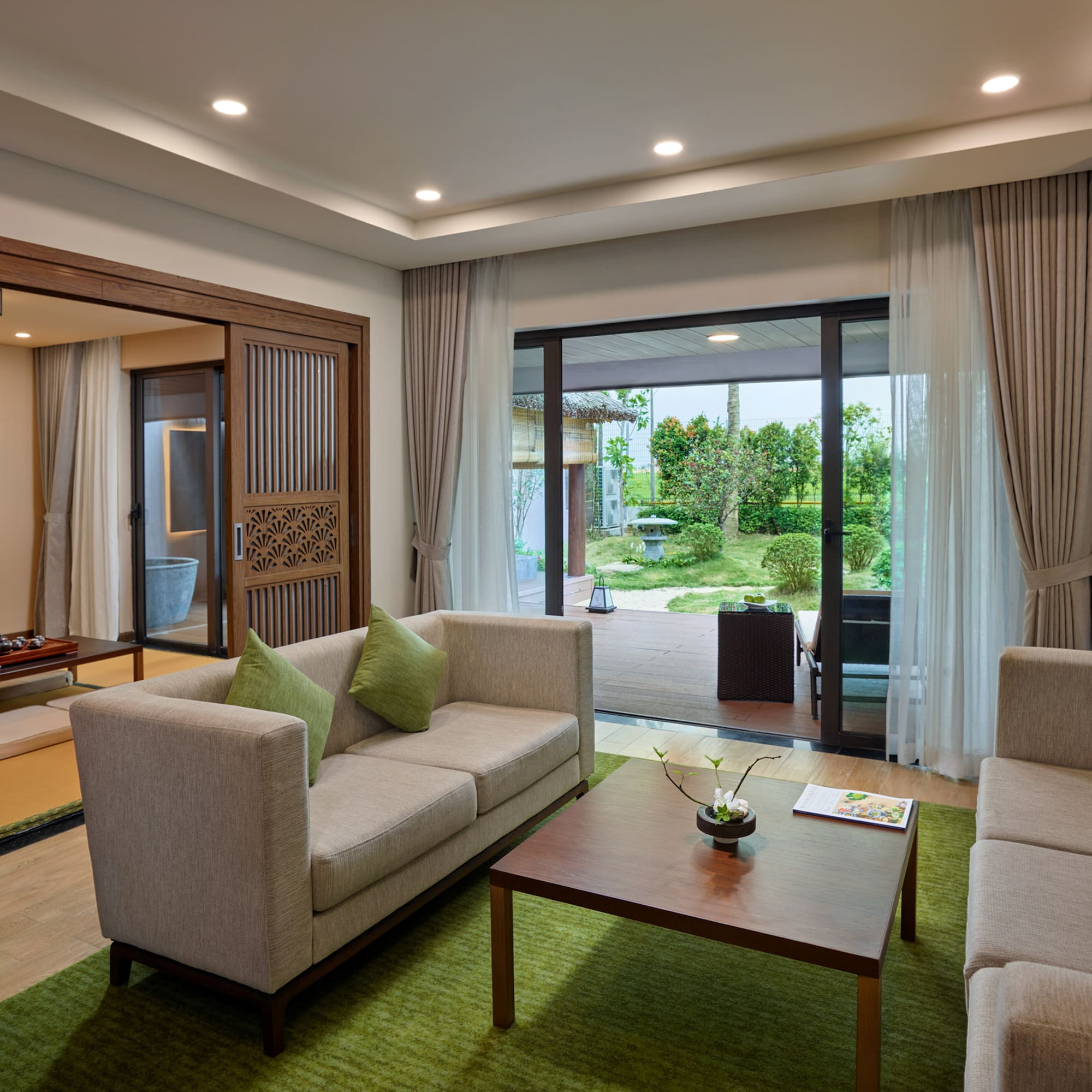 a living room with a couch and a coffee table