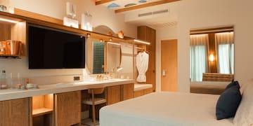 a room with a bed and a mirror