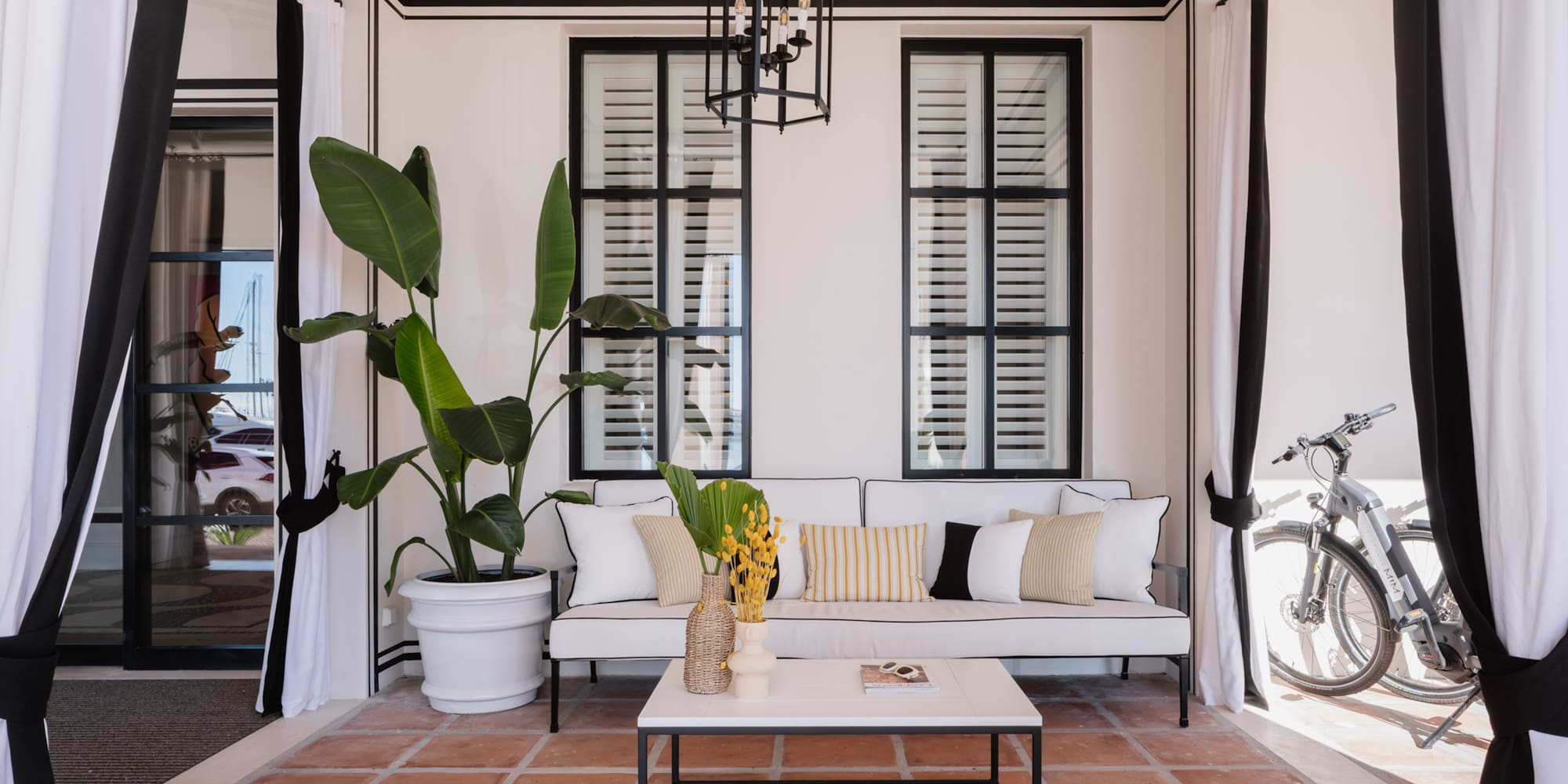 a room with a couch and a coffee table