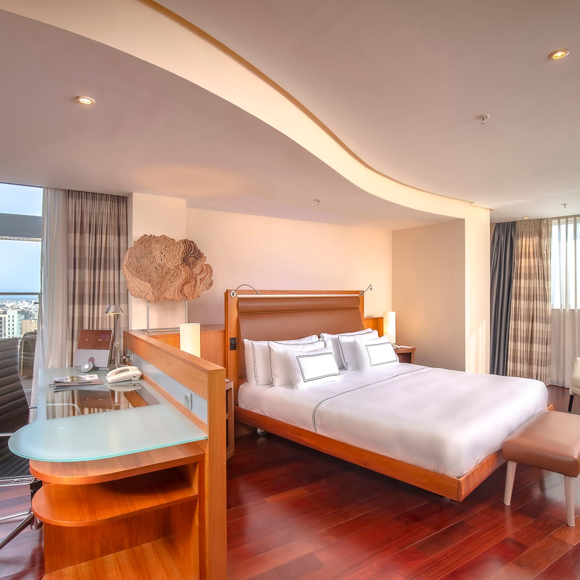 a room with a bed and a table