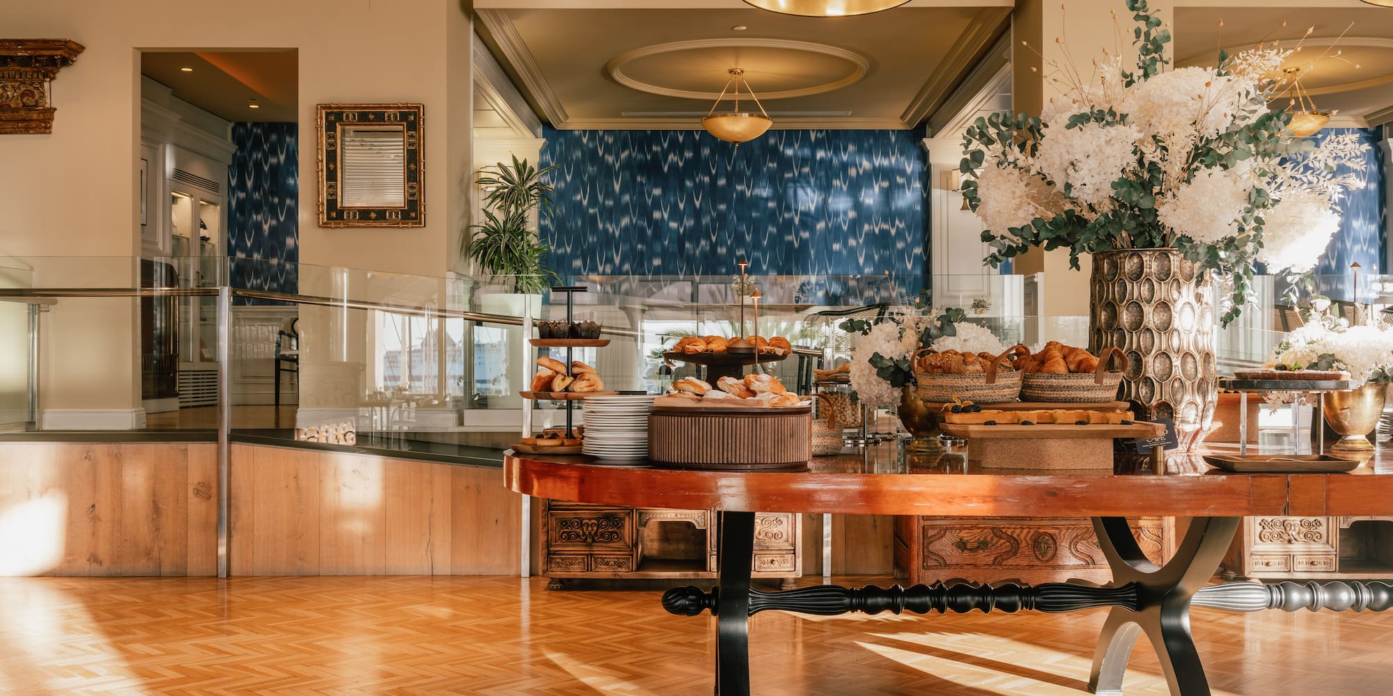 a buffet table with food on it