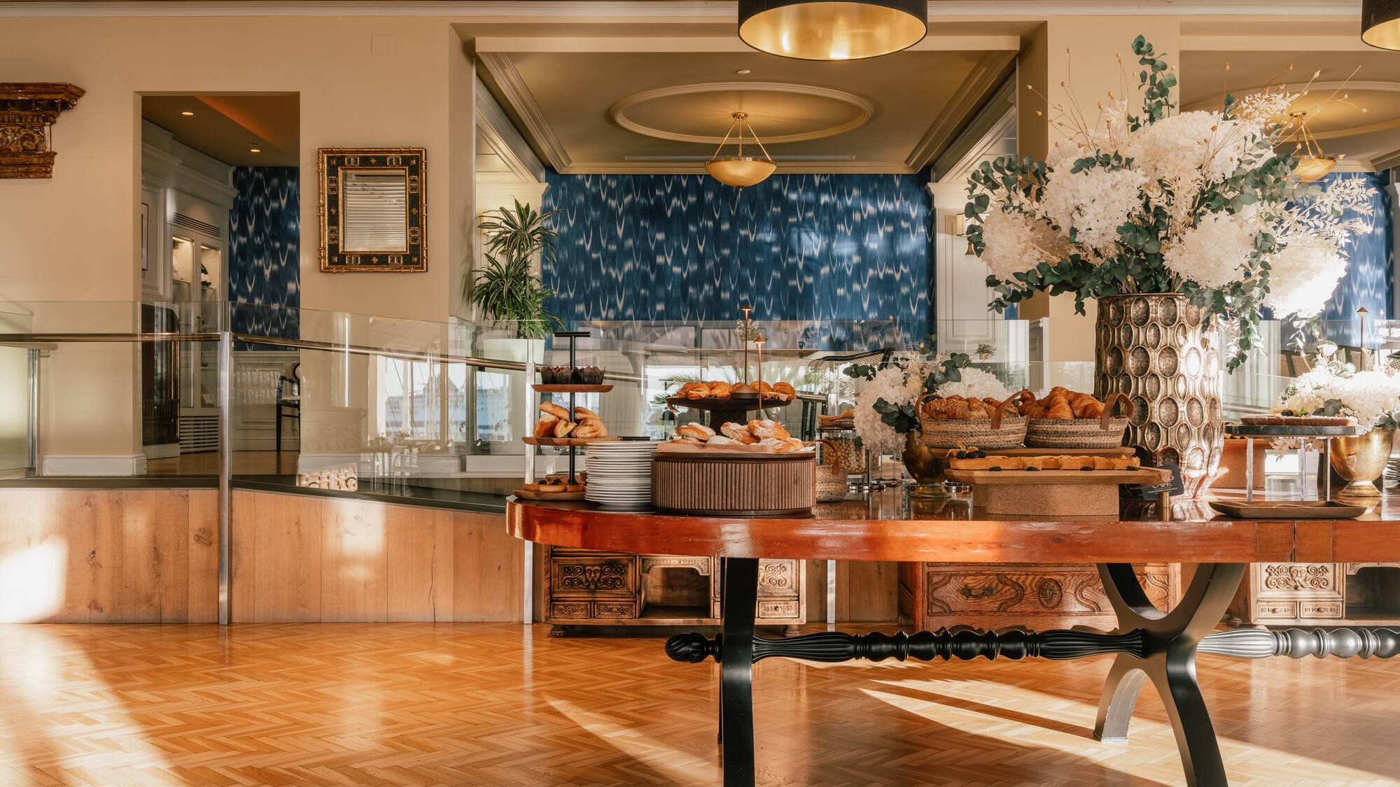 a buffet table with food on it