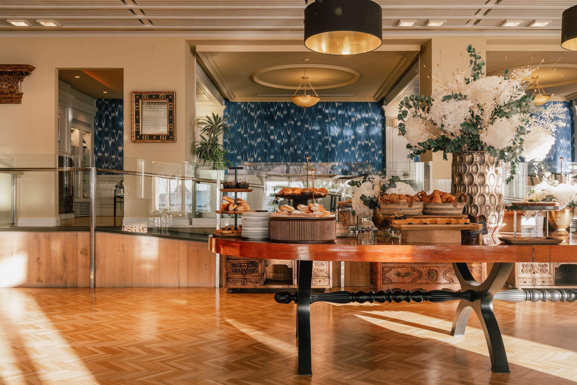 a buffet table with food on it