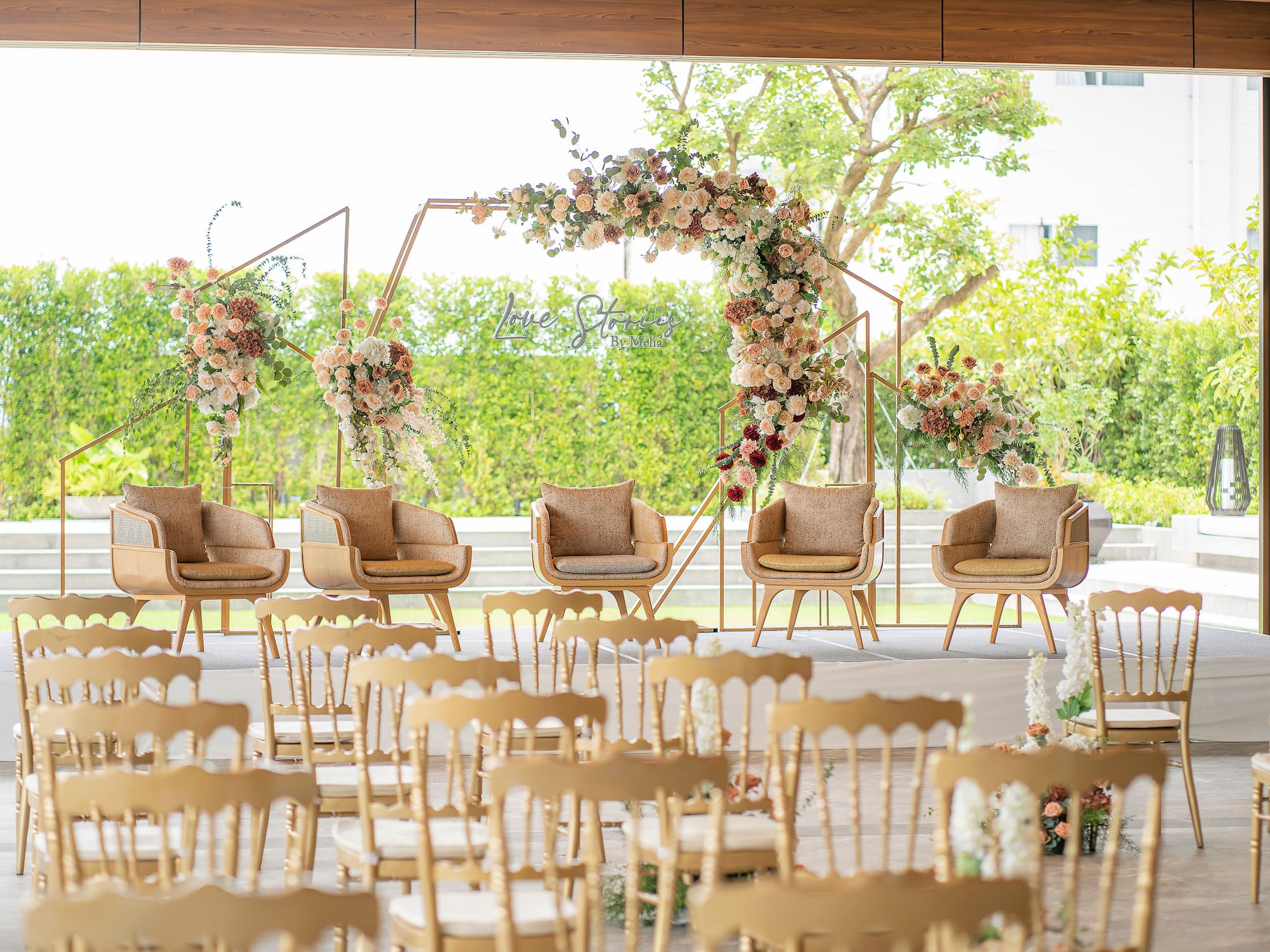 chairs and chairs in a room with chairs and flowers