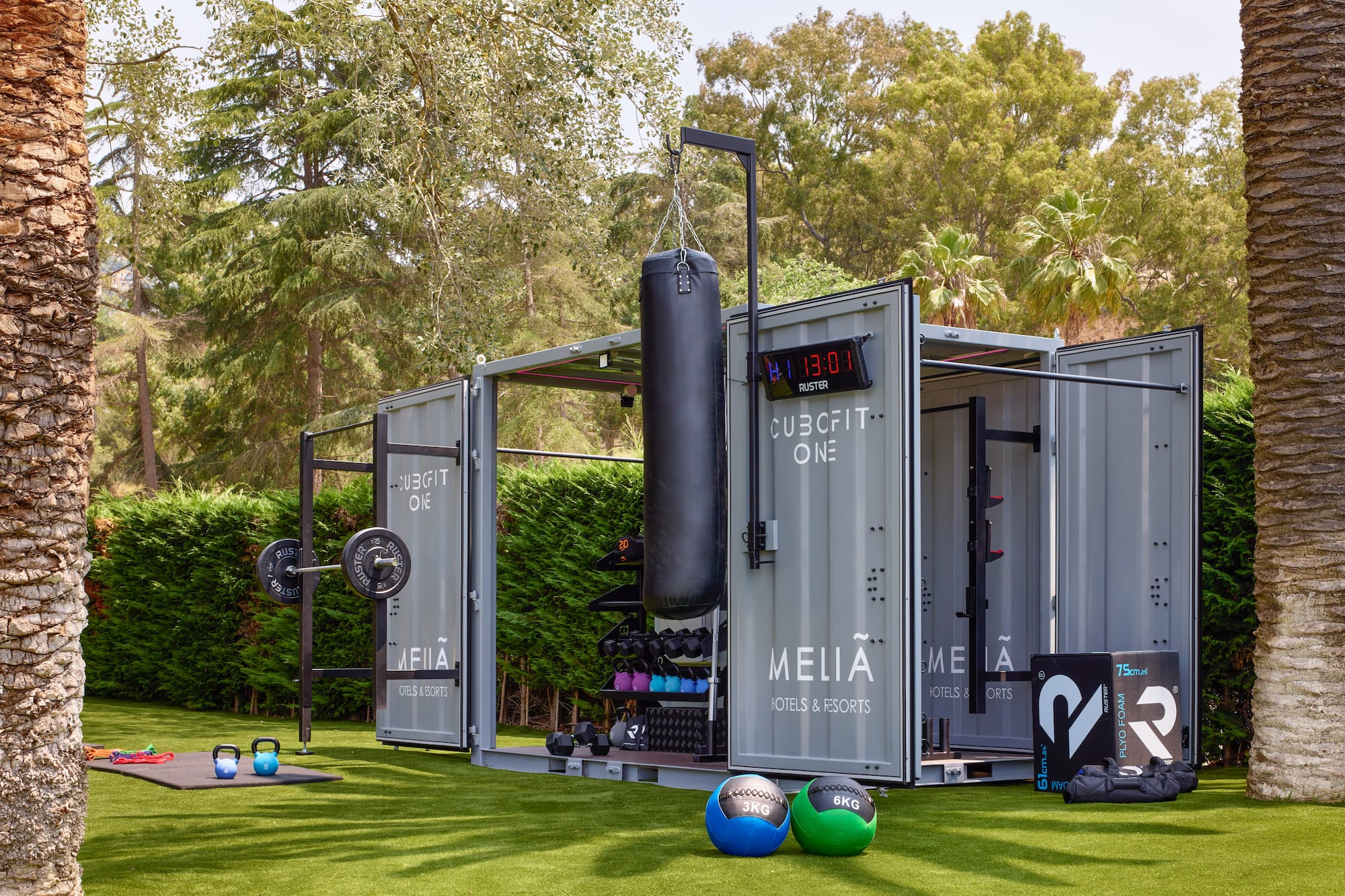 a box with weights and a punching bag on it