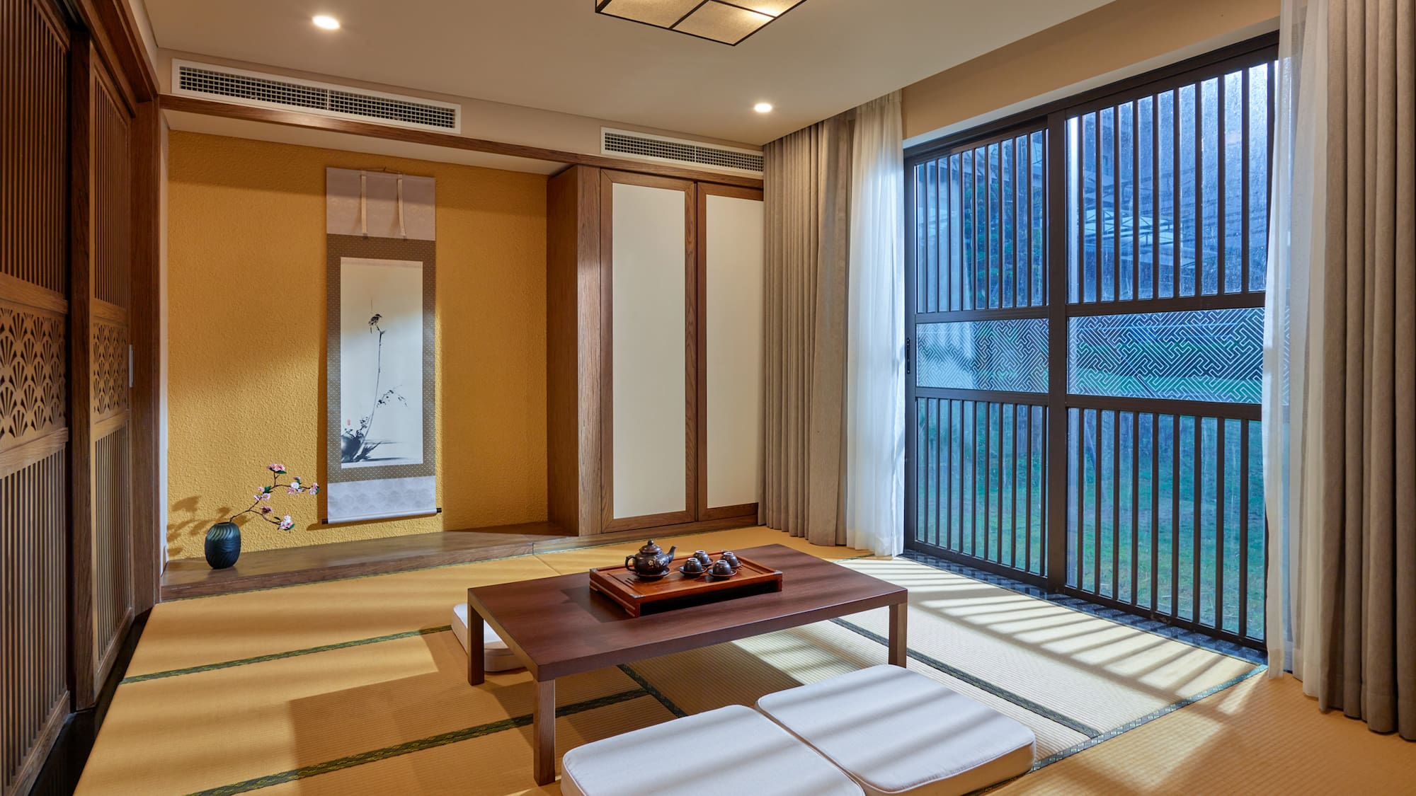 a room with a table and chairs