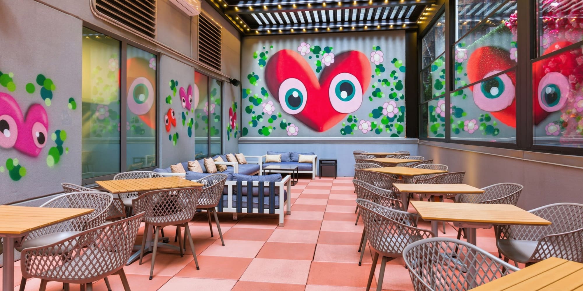 a room with tables and chairs