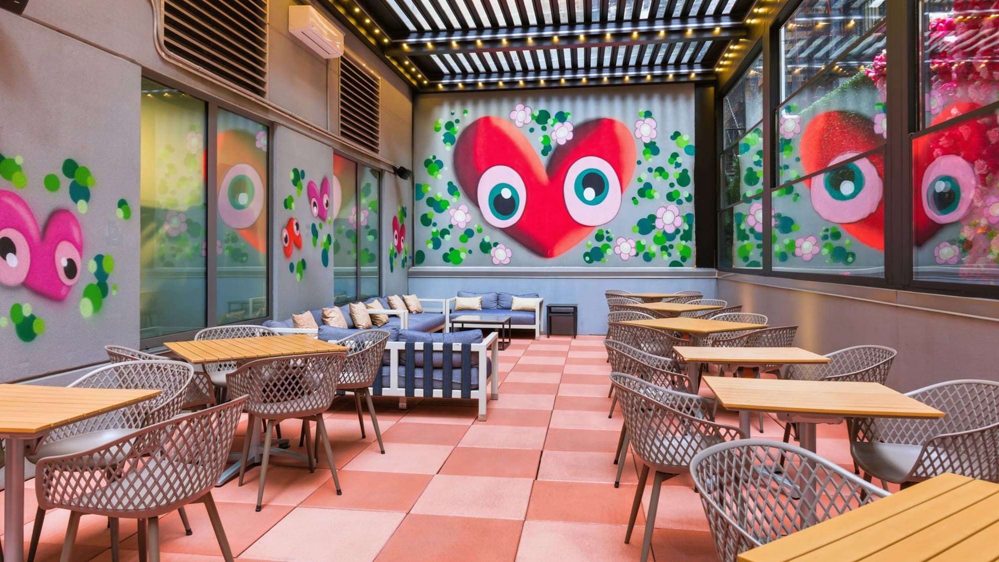 a room with tables and chairs