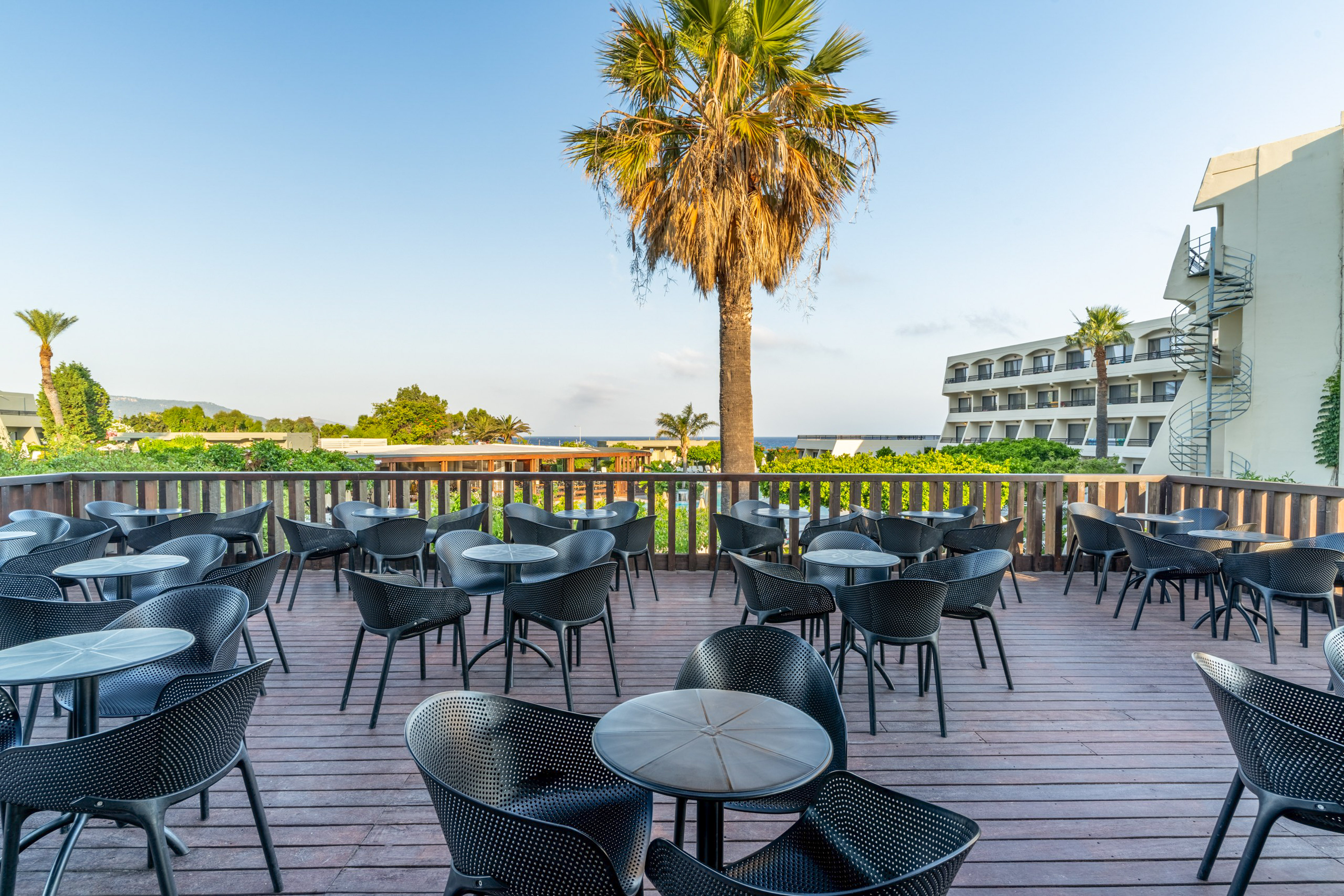 Sunny hotel patio with black outdoor seating, palm tree, and distant sea view.