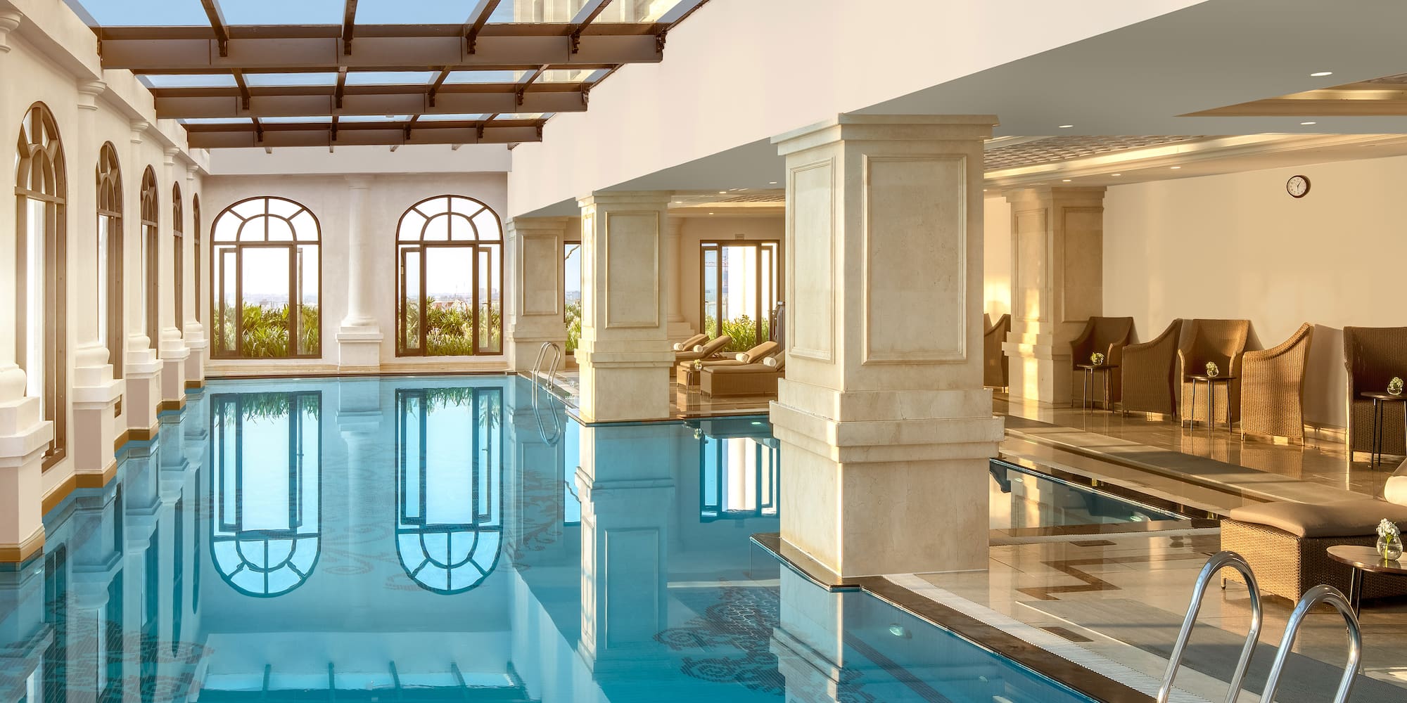 a swimming pool inside a building