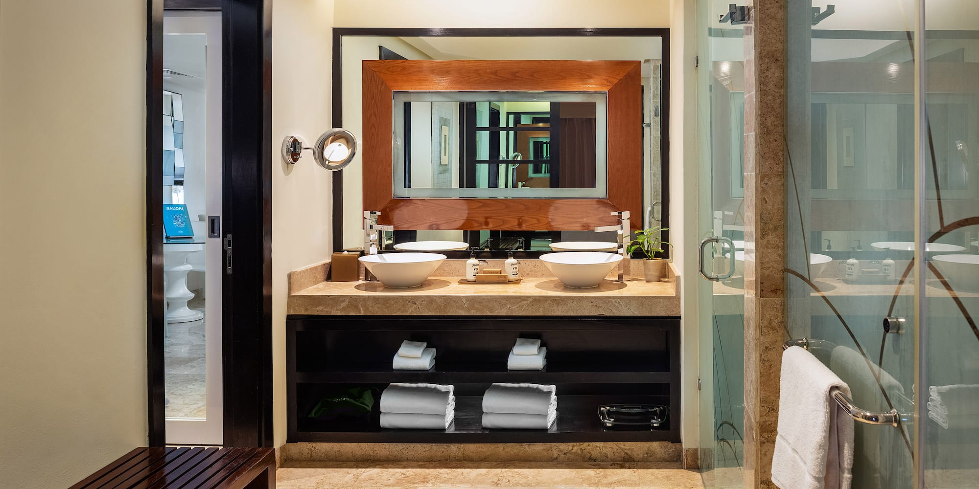 Modern bathroom with double vanity, vessel sinks, marble counter, and glass shower. - Family Concierge Suite Nature View - Paradisus Playa del Carmen - Riviera Maya, Playa del Carmen