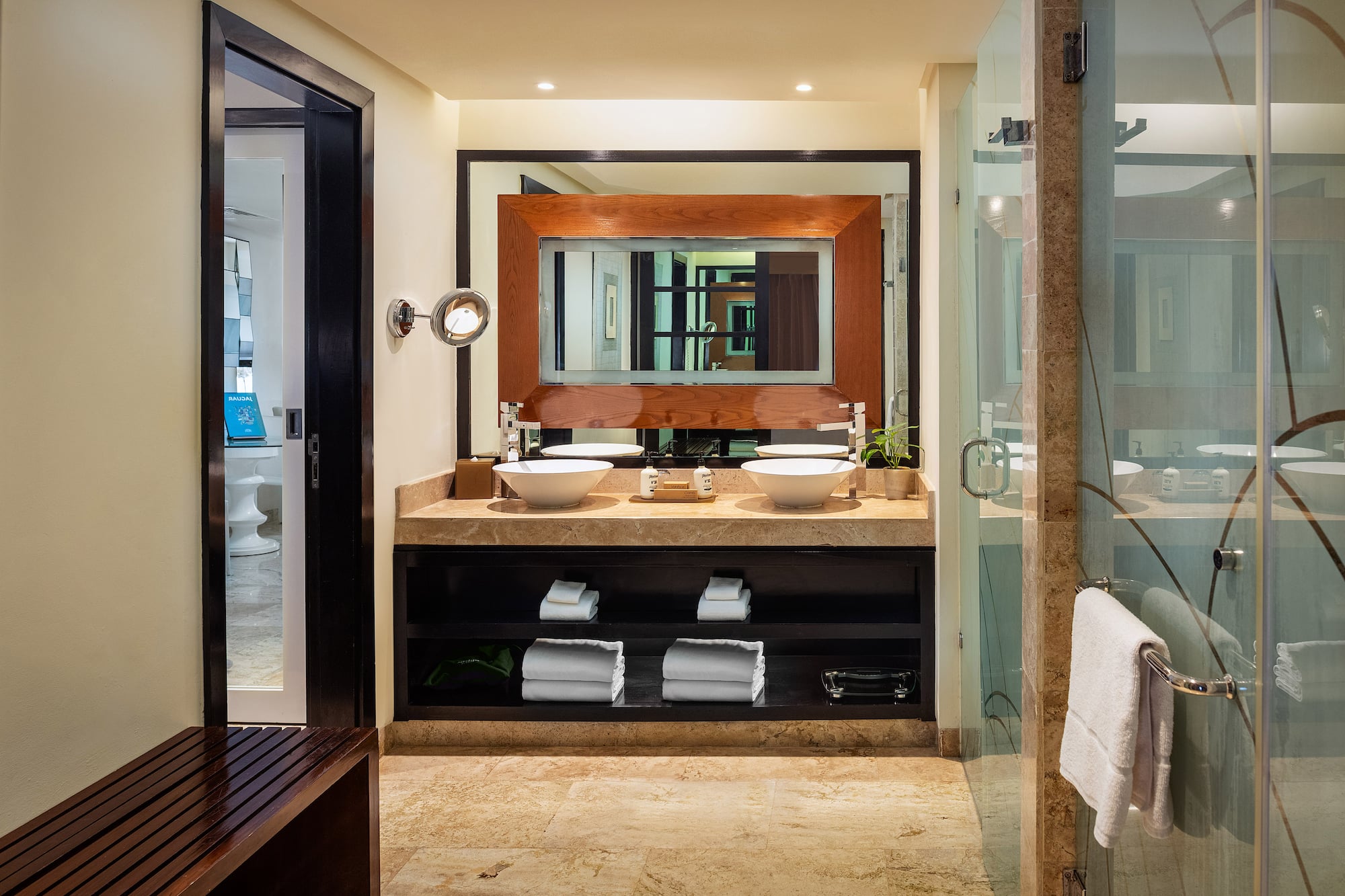 Modern bathroom with double vanity, vessel sinks, marble counter, and glass shower. - Family Concierge Suite Nature View - Paradisus Playa del Carmen - Riviera Maya, Playa del Carmen