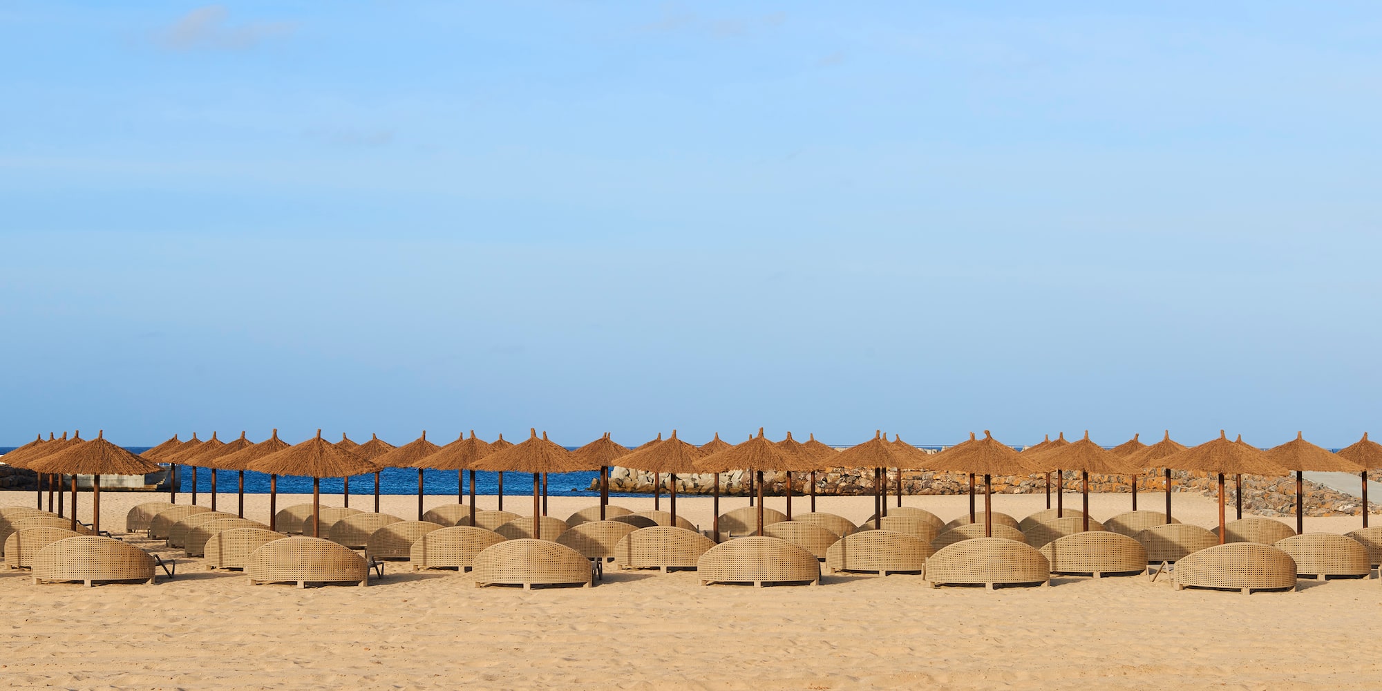 a group of umbrellas on a beach