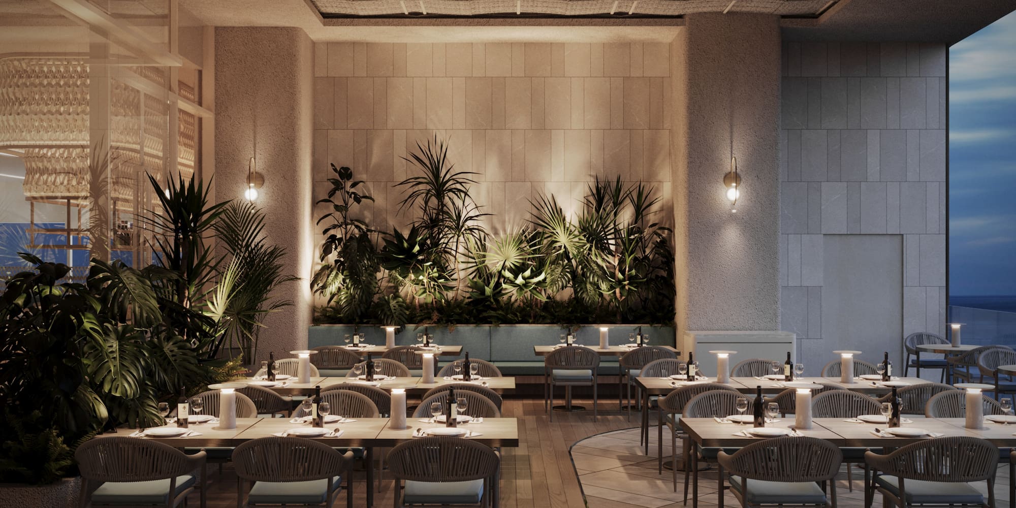 a room with tables and chairs and plants