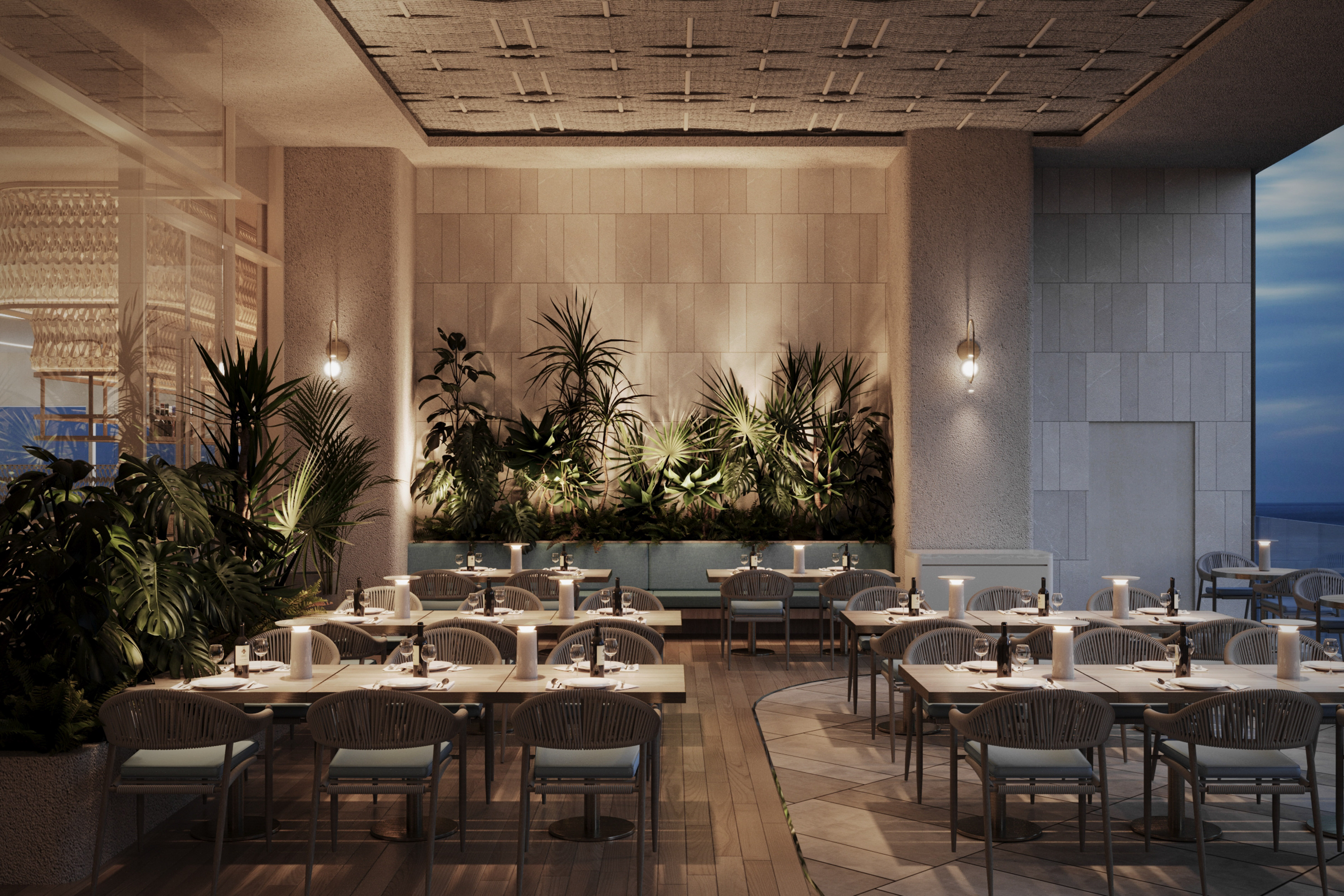 a room with tables and chairs and plants