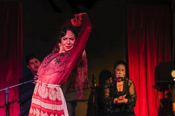 a woman in a red dress with a man in a microphone and a woman in a red dress