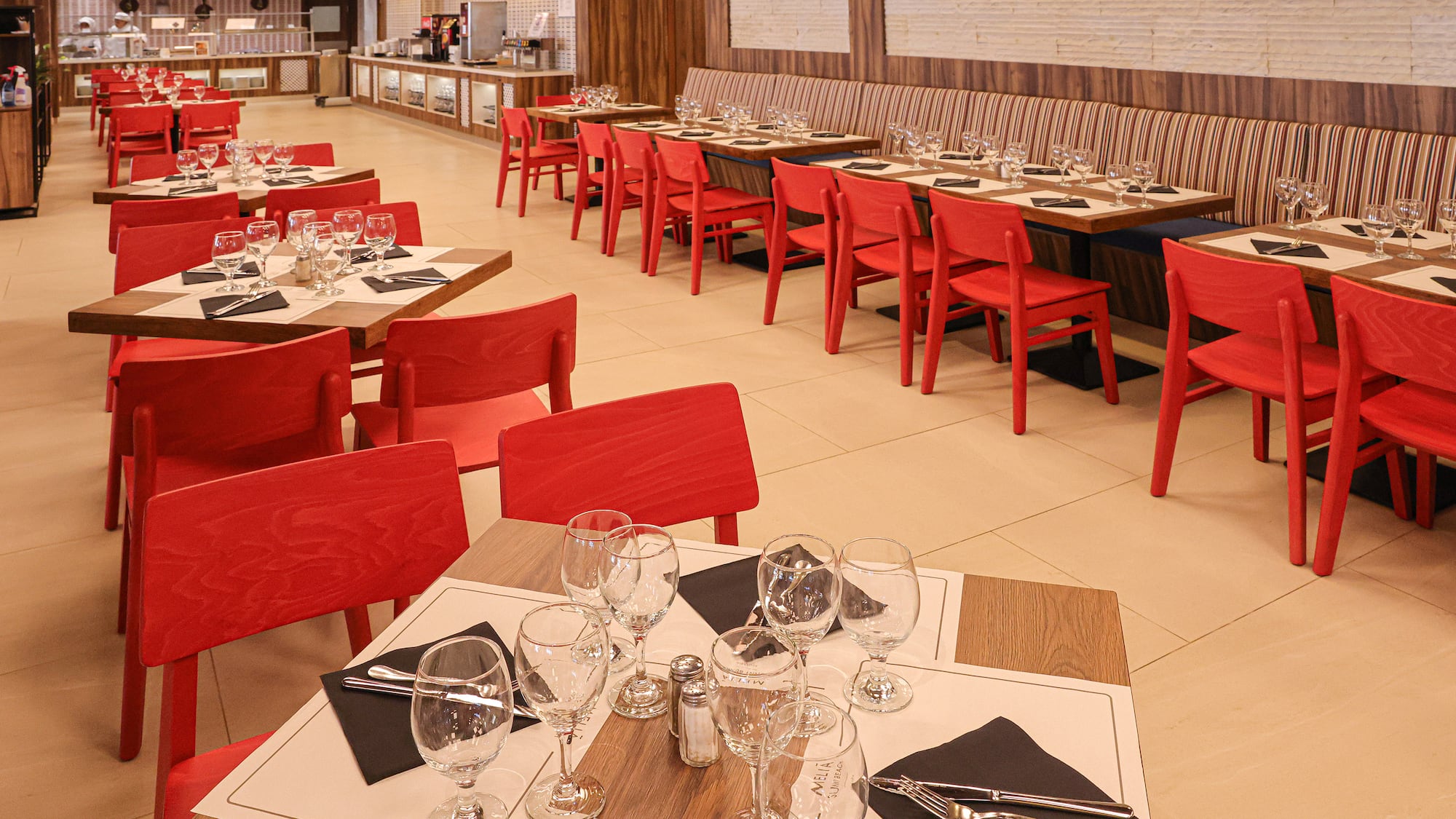 a room with tables and chairs