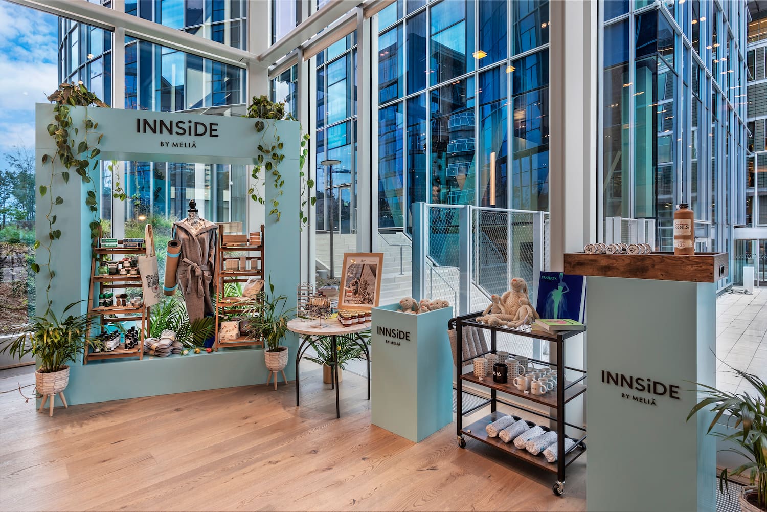 a display of items in a room with windows