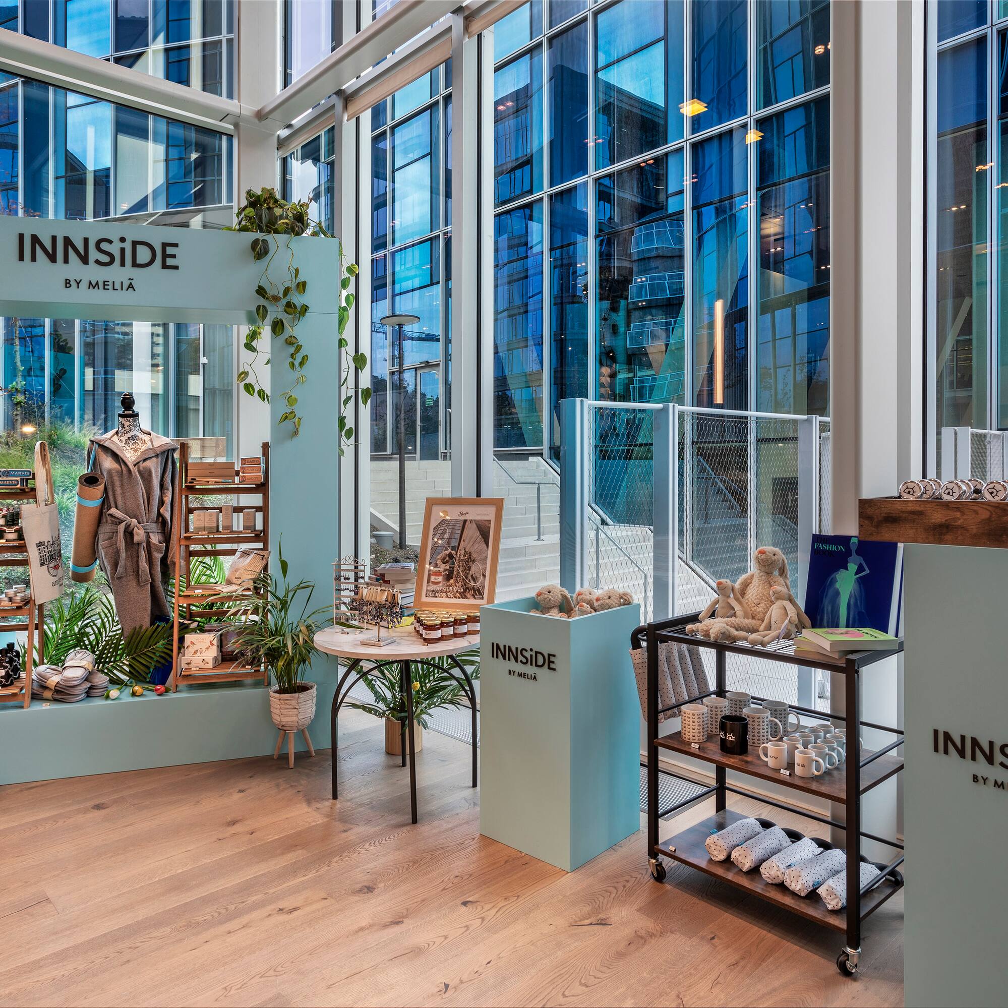 a display of items in a room with windows