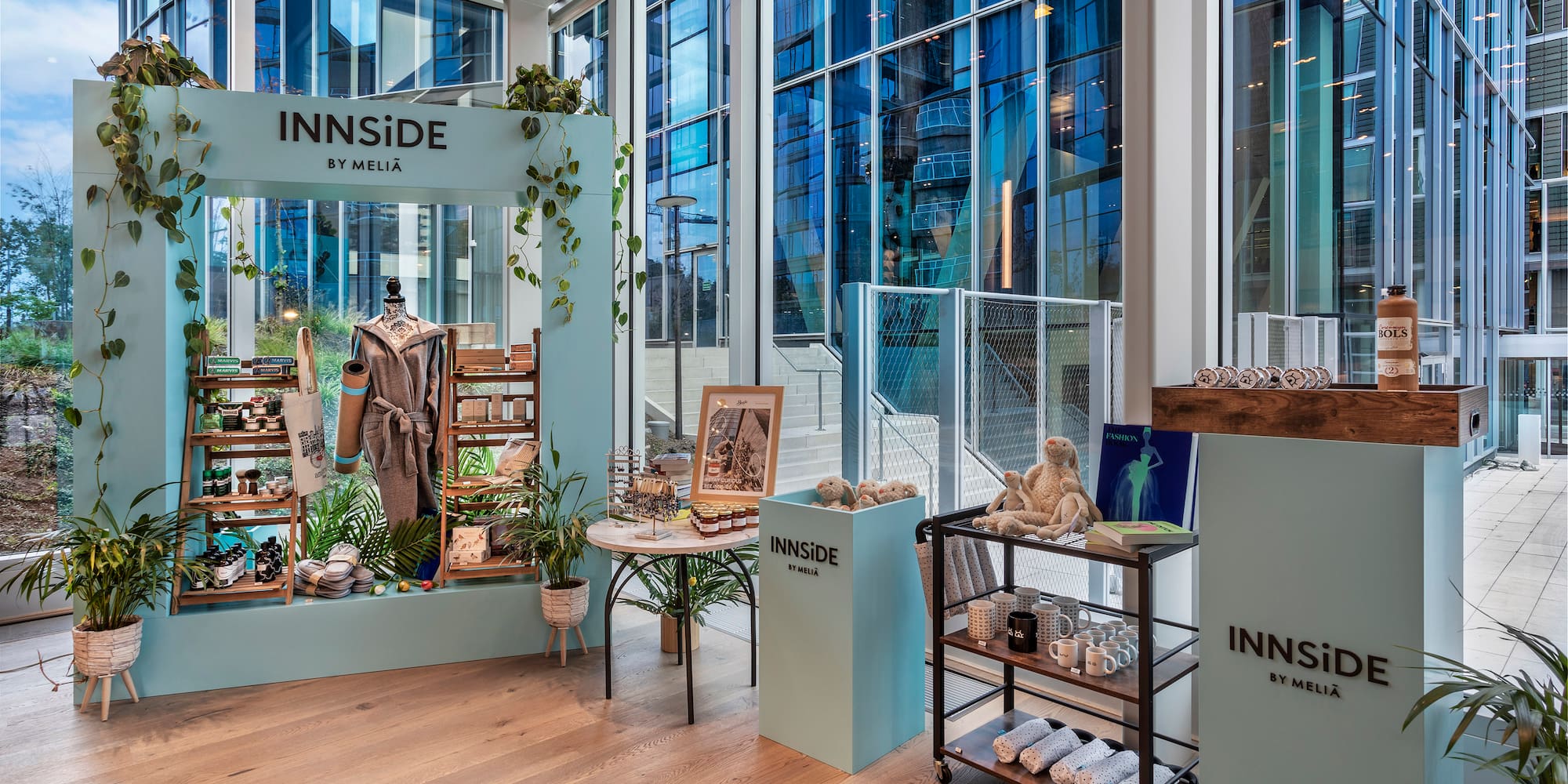 a display of items in a room with windows