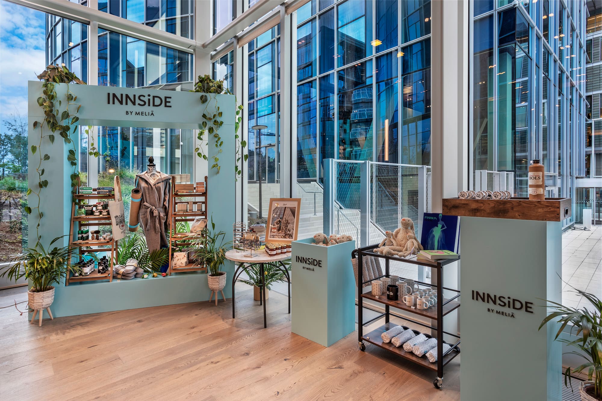 a display of items in a room with windows