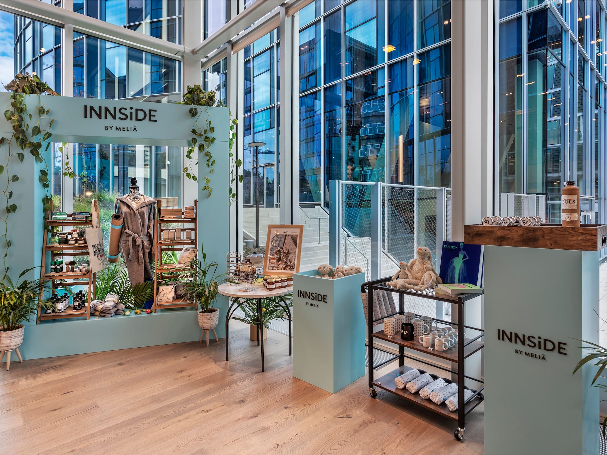 a display of items in a room with windows