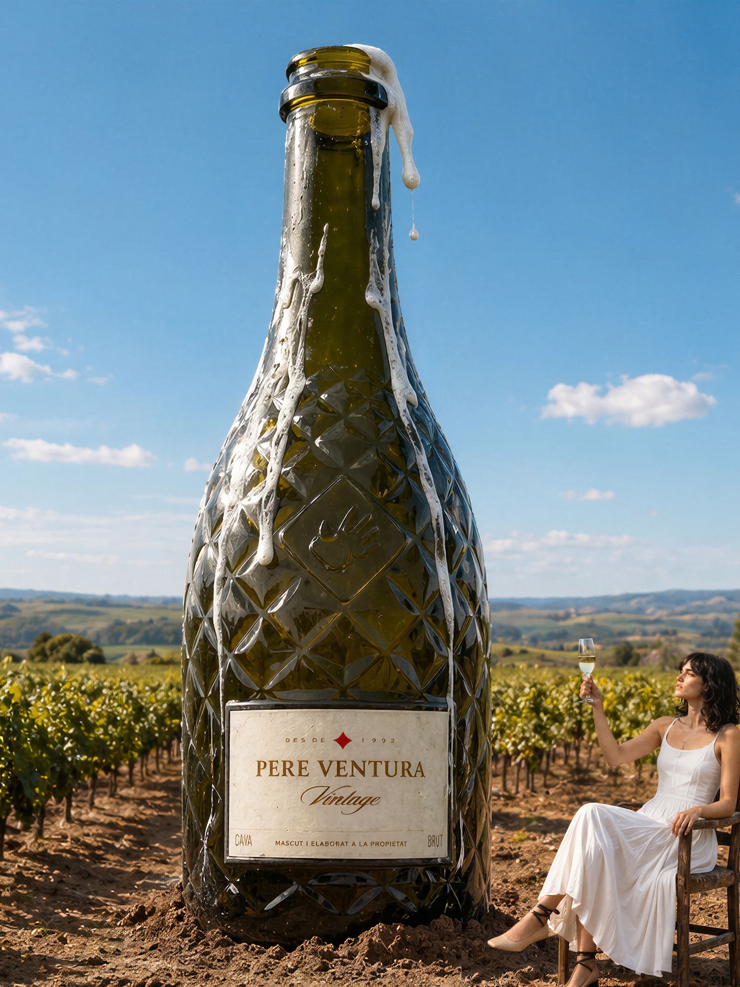 Giant Pere Ventura Vintage cava in vineyard, woman sips sparkling wine.