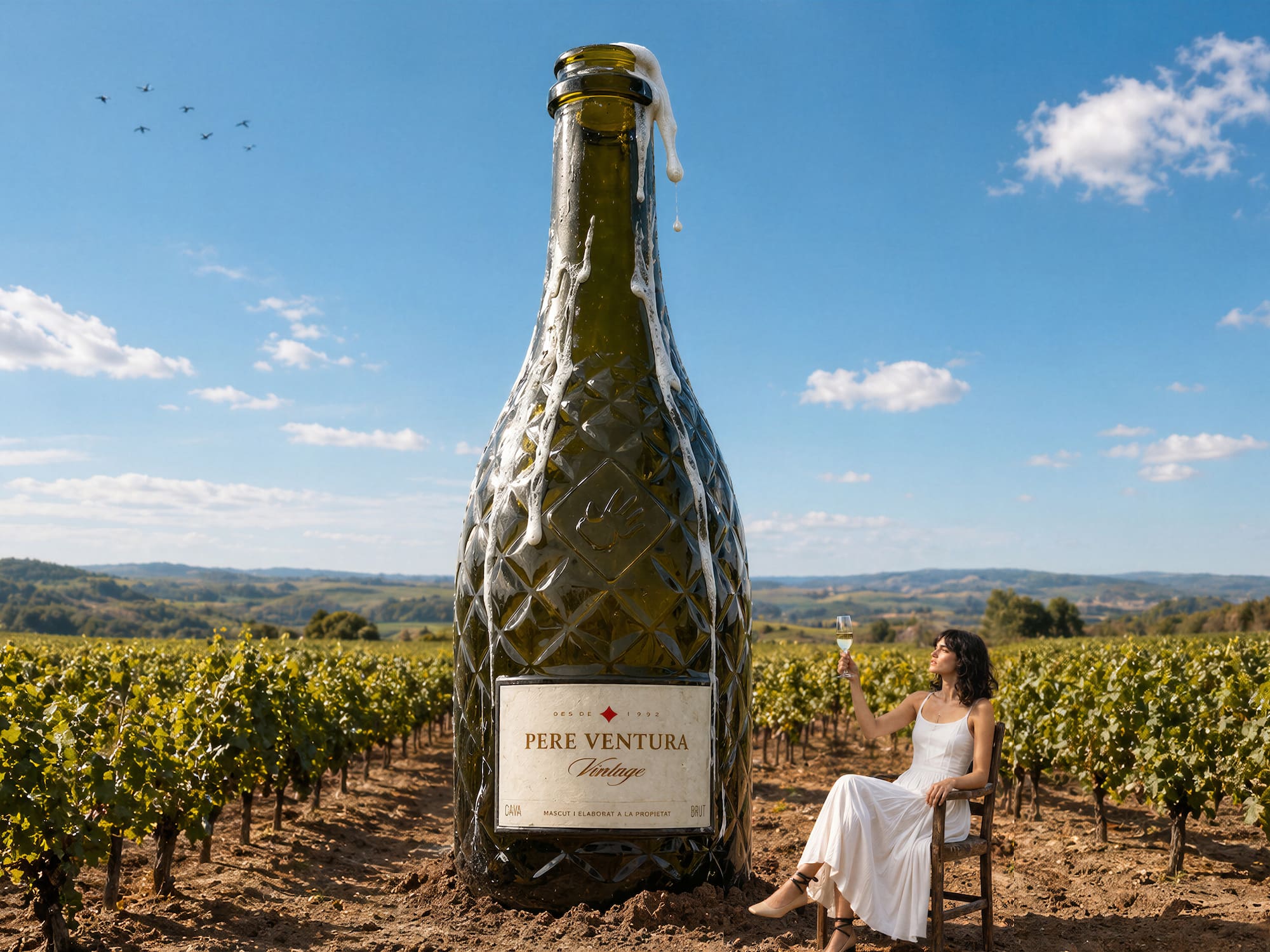 Giant Pere Ventura Vintage cava in vineyard, woman sips sparkling wine.