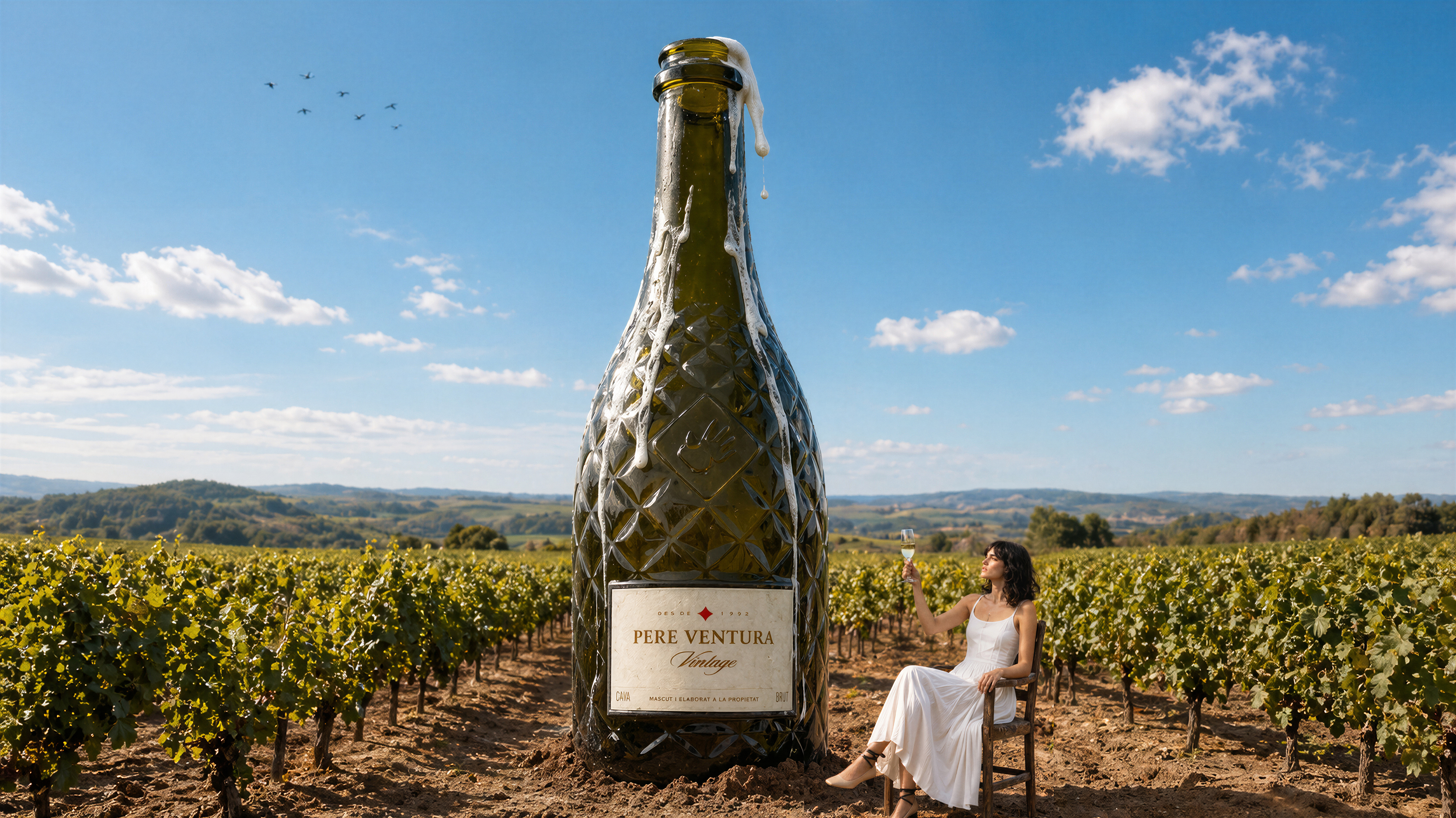 Giant Pere Ventura Vintage cava in vineyard, woman sips sparkling wine.