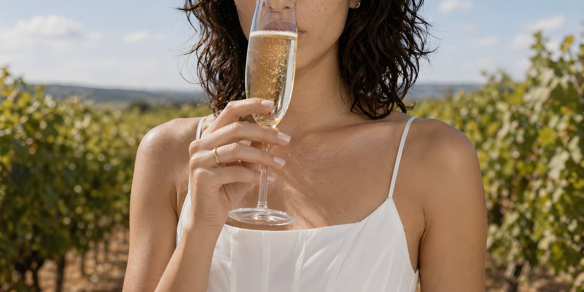 Woman sips sparkling wine in a sunny vineyard wearing a white dress.