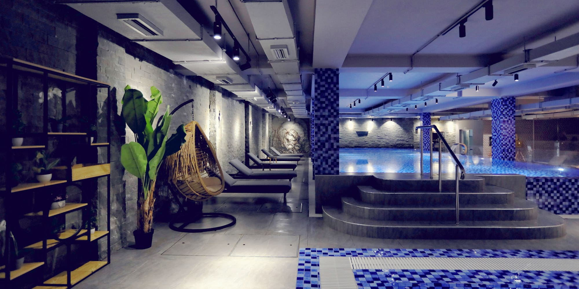 a pool with chairs and a plant