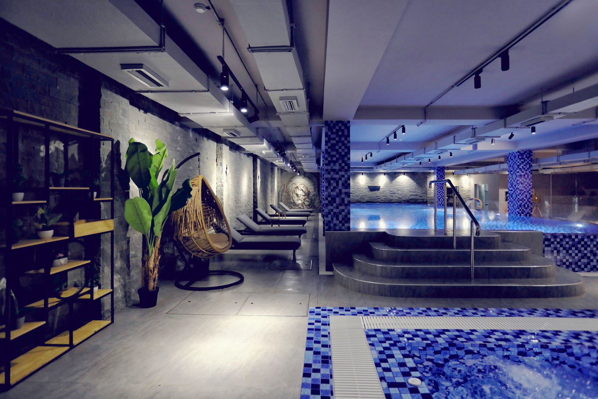 a pool with chairs and a plant